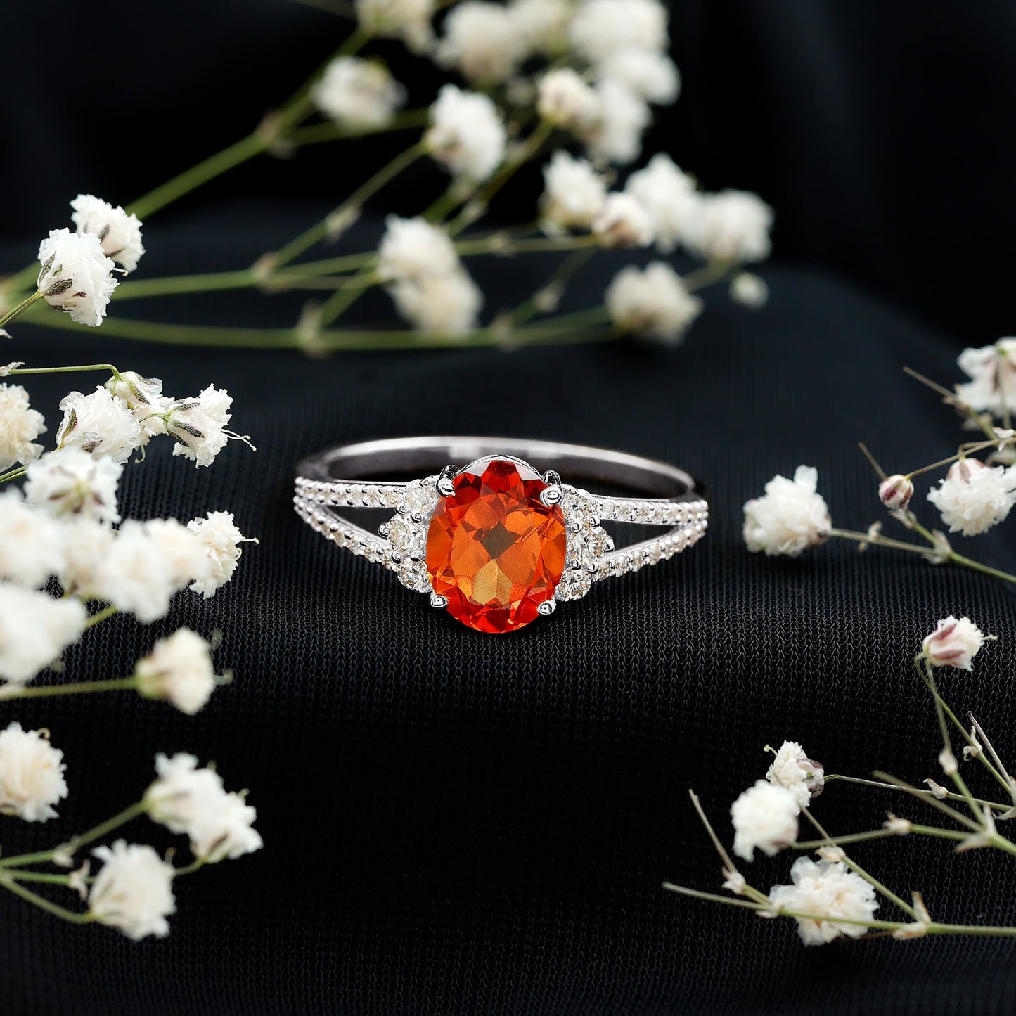 4 Carat Oval Lab Grown Orange Sapphire Engagement Ring with Diamond Split Shank