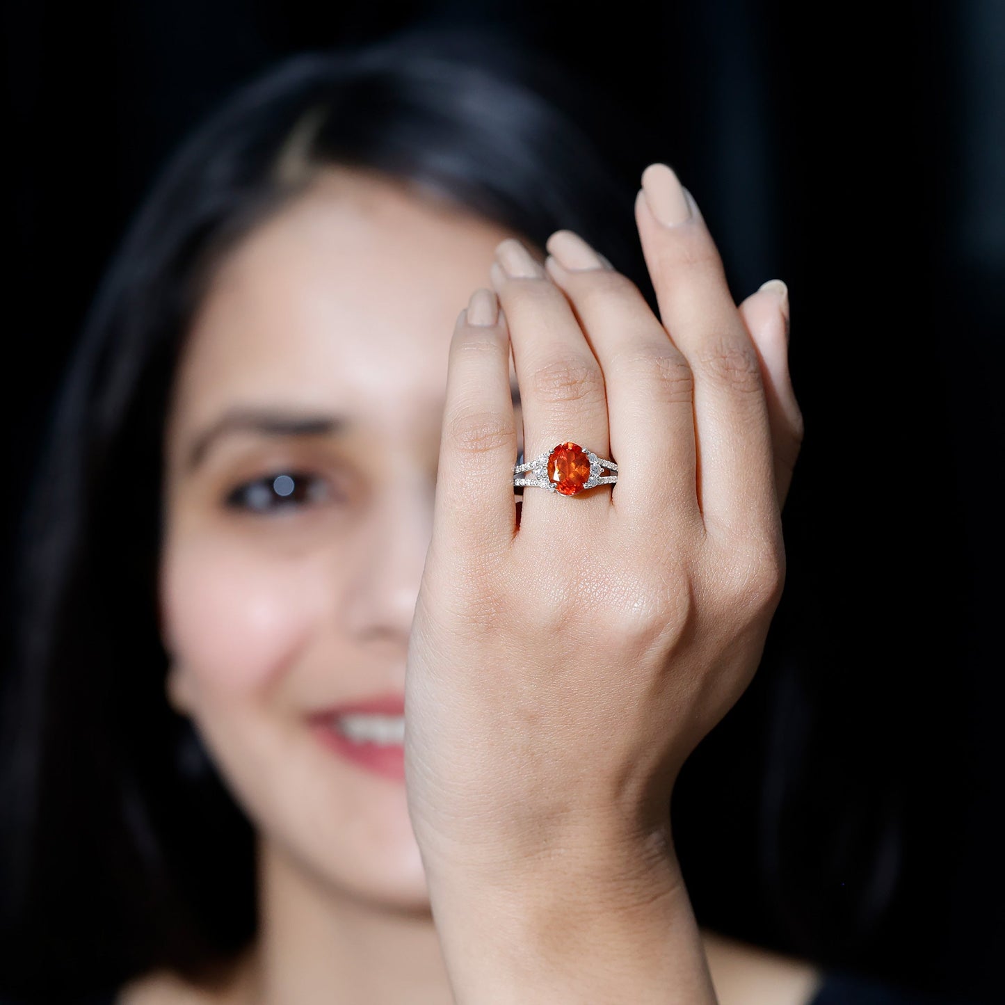 4 Carat Oval Lab Grown Orange Sapphire Engagement Ring with Diamond Split Shank
