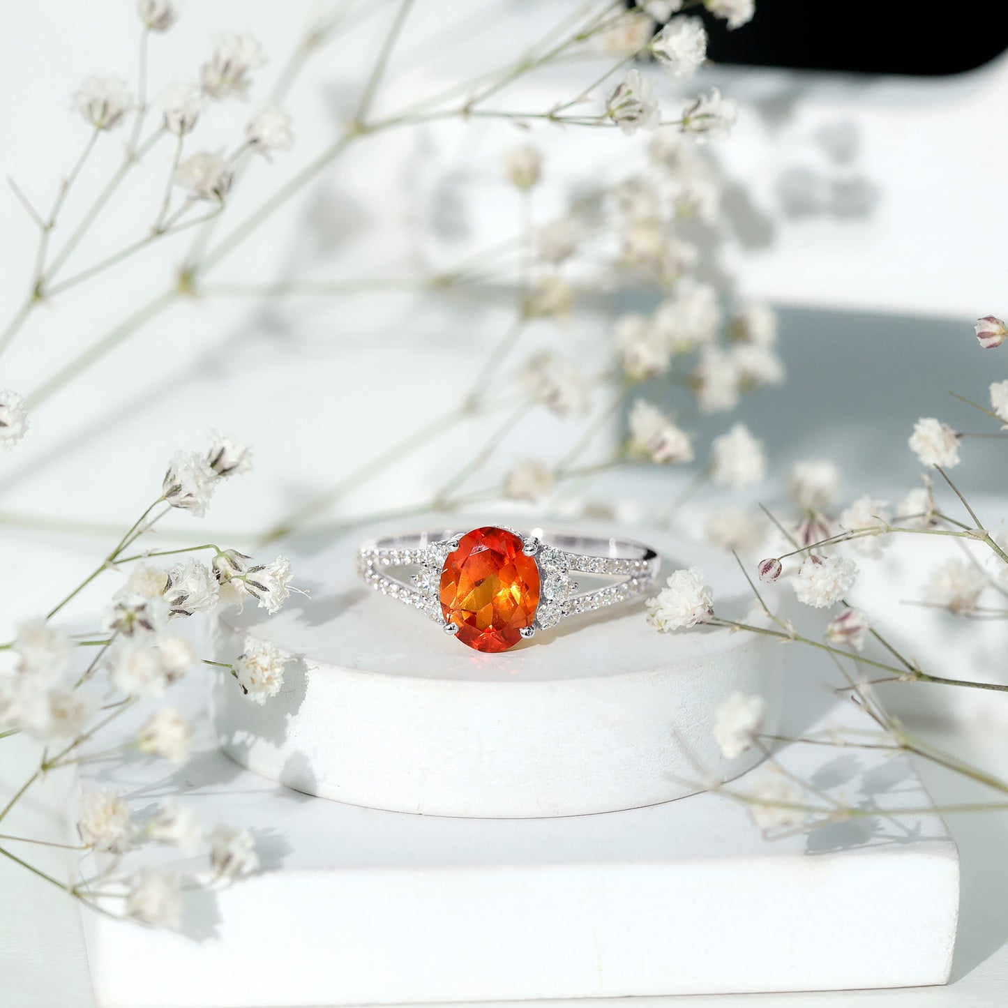 4 Carat Oval Lab Grown Orange Sapphire Engagement Ring with Diamond Split Shank