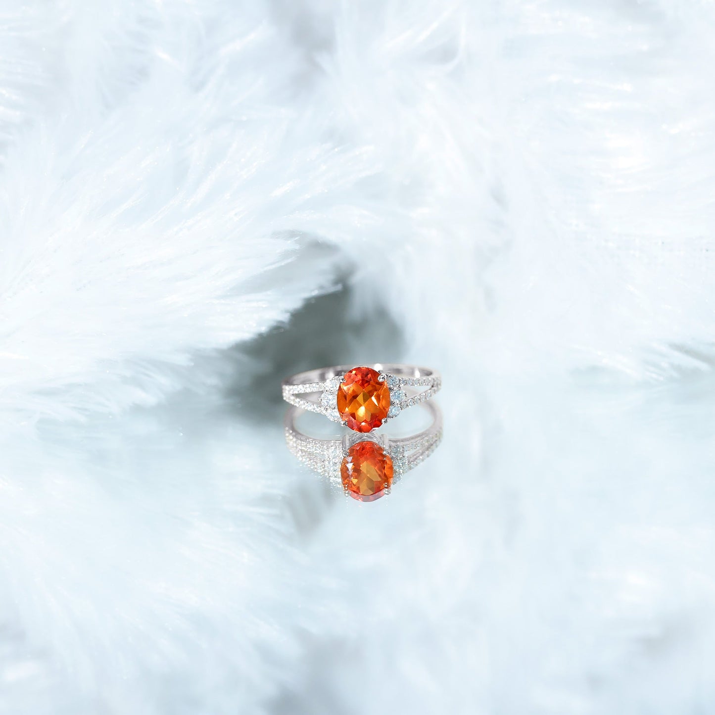 4 Carat Oval Lab Grown Orange Sapphire Engagement Ring with Diamond Split Shank