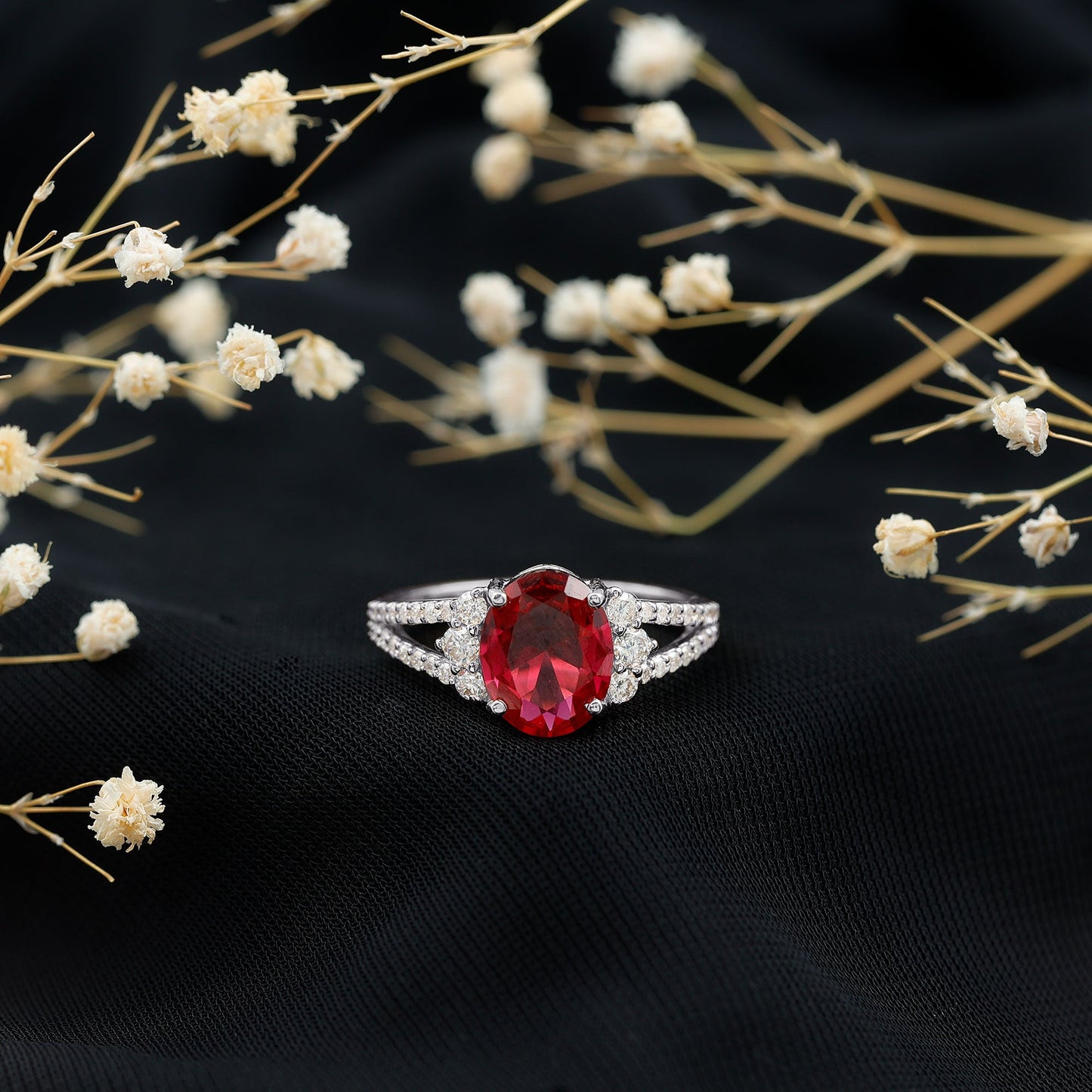 Certified 4 Carat Lab Grown Ruby Oval Engagement Ring With Diamond