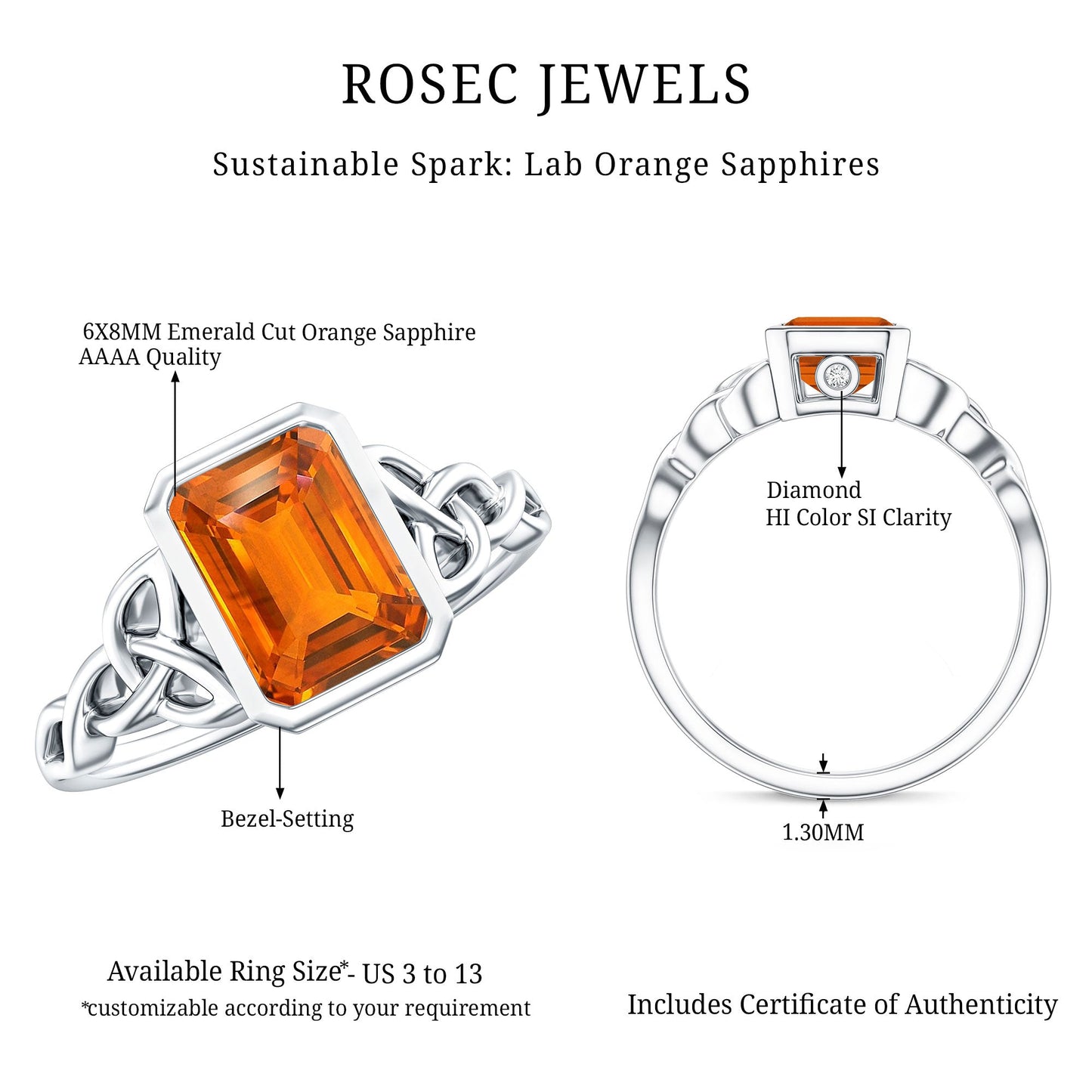 1.75 Carat Emerald Cut Lab Grown Orange Sapphire Diamond Bezel Set Engagement Ring