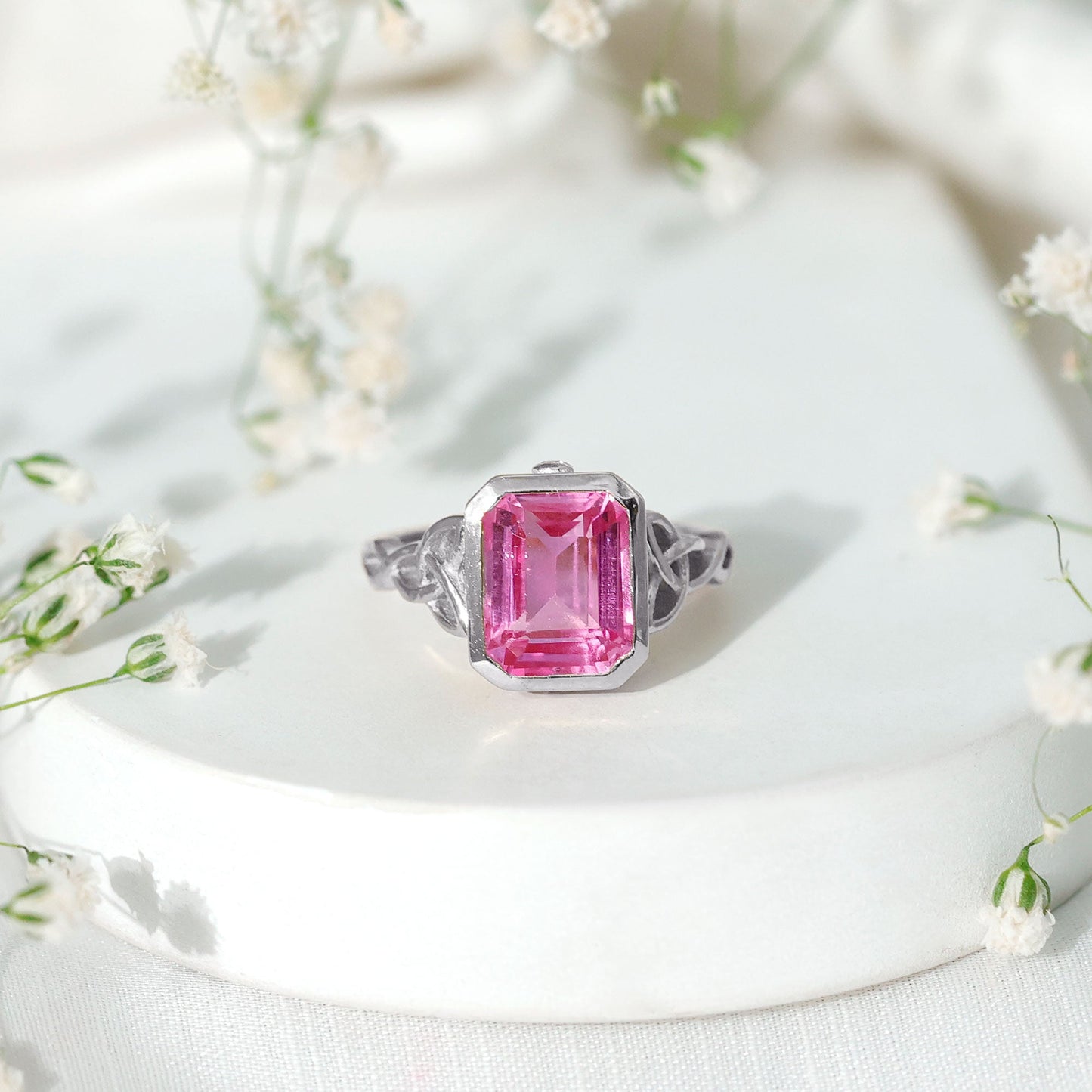 2.7 carat Emerald Cut Lab Created Pink Sapphire Celtic Engagement Ring