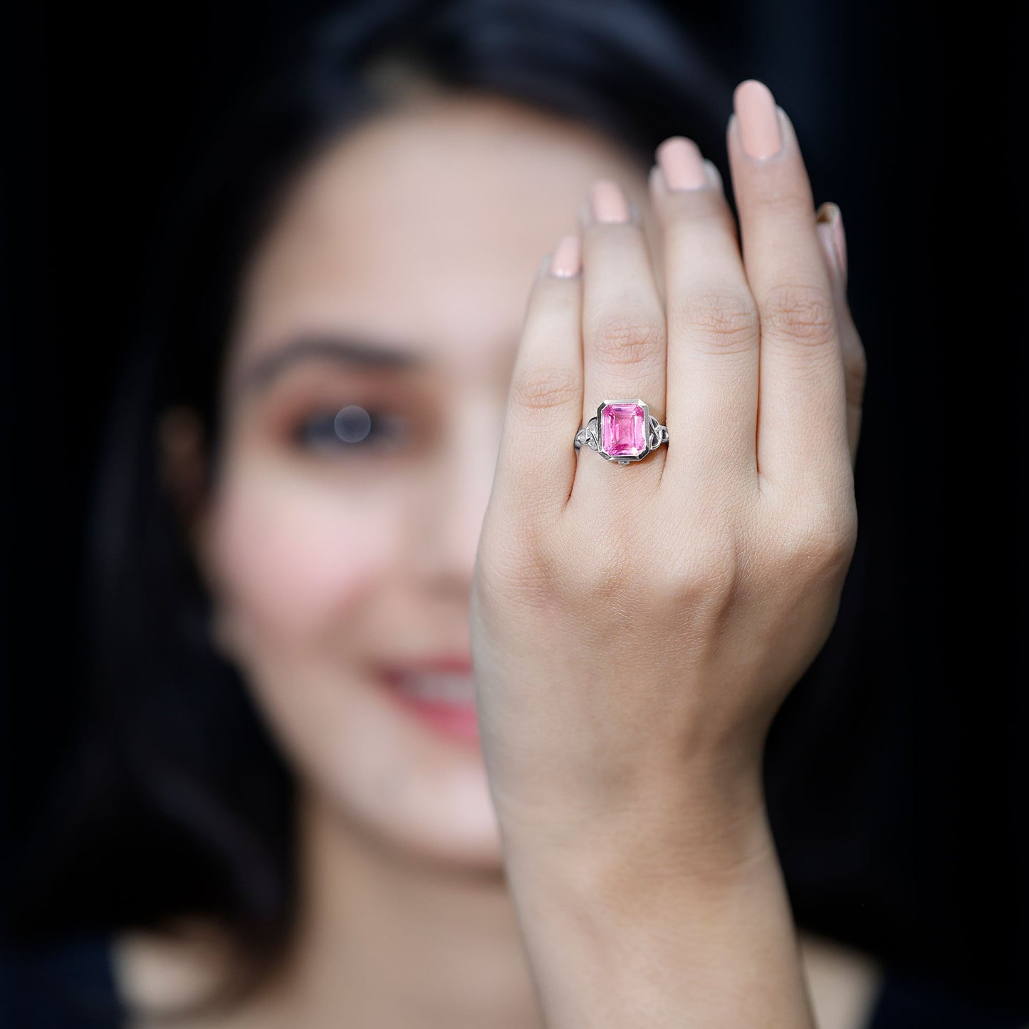 2.7 carat Emerald Cut Lab Created Pink Sapphire Celtic Engagement Ring