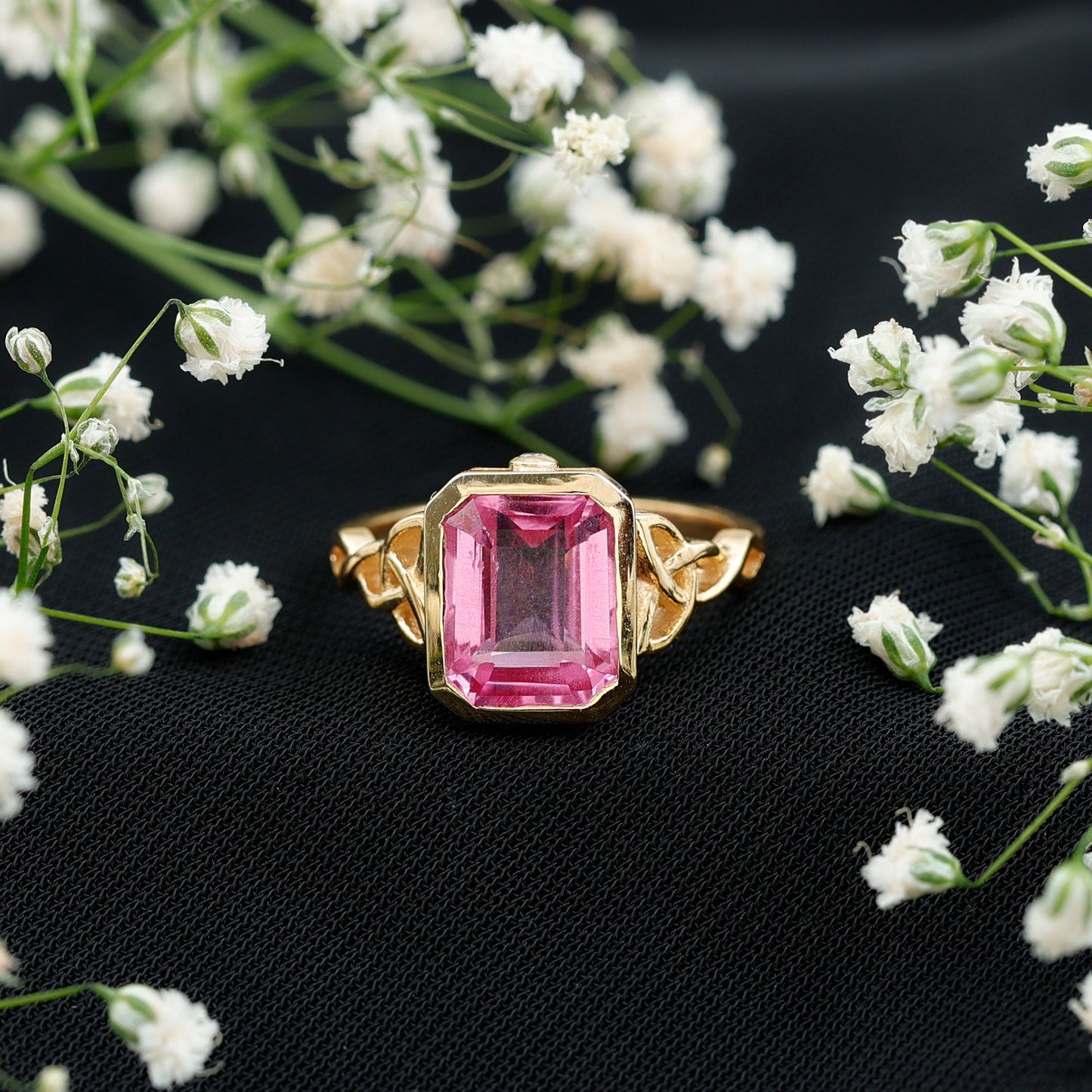 2.7 carat Emerald Cut Lab Created Pink Sapphire Celtic Engagement Ring