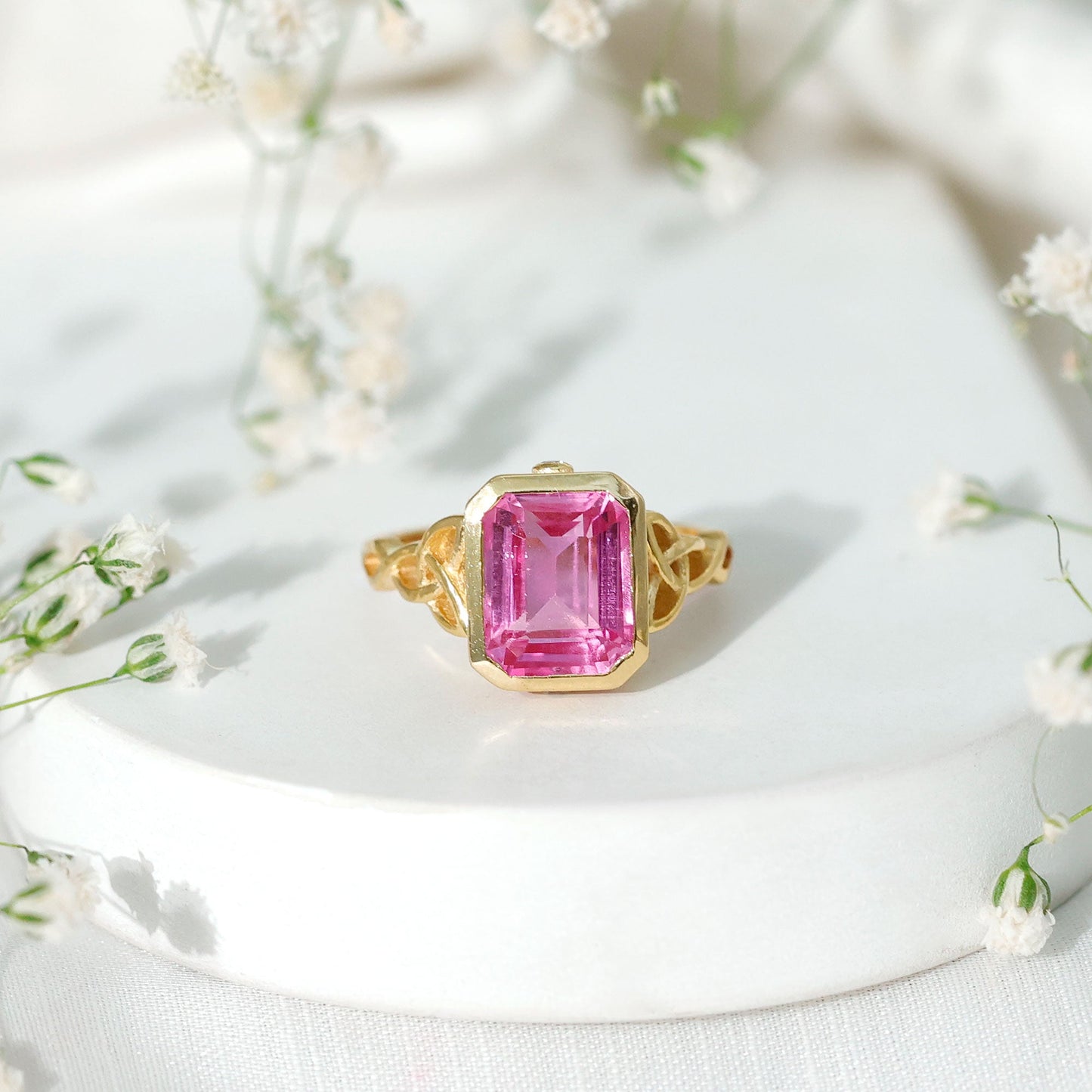 2.7 carat Emerald Cut Lab Created Pink Sapphire Celtic Engagement Ring