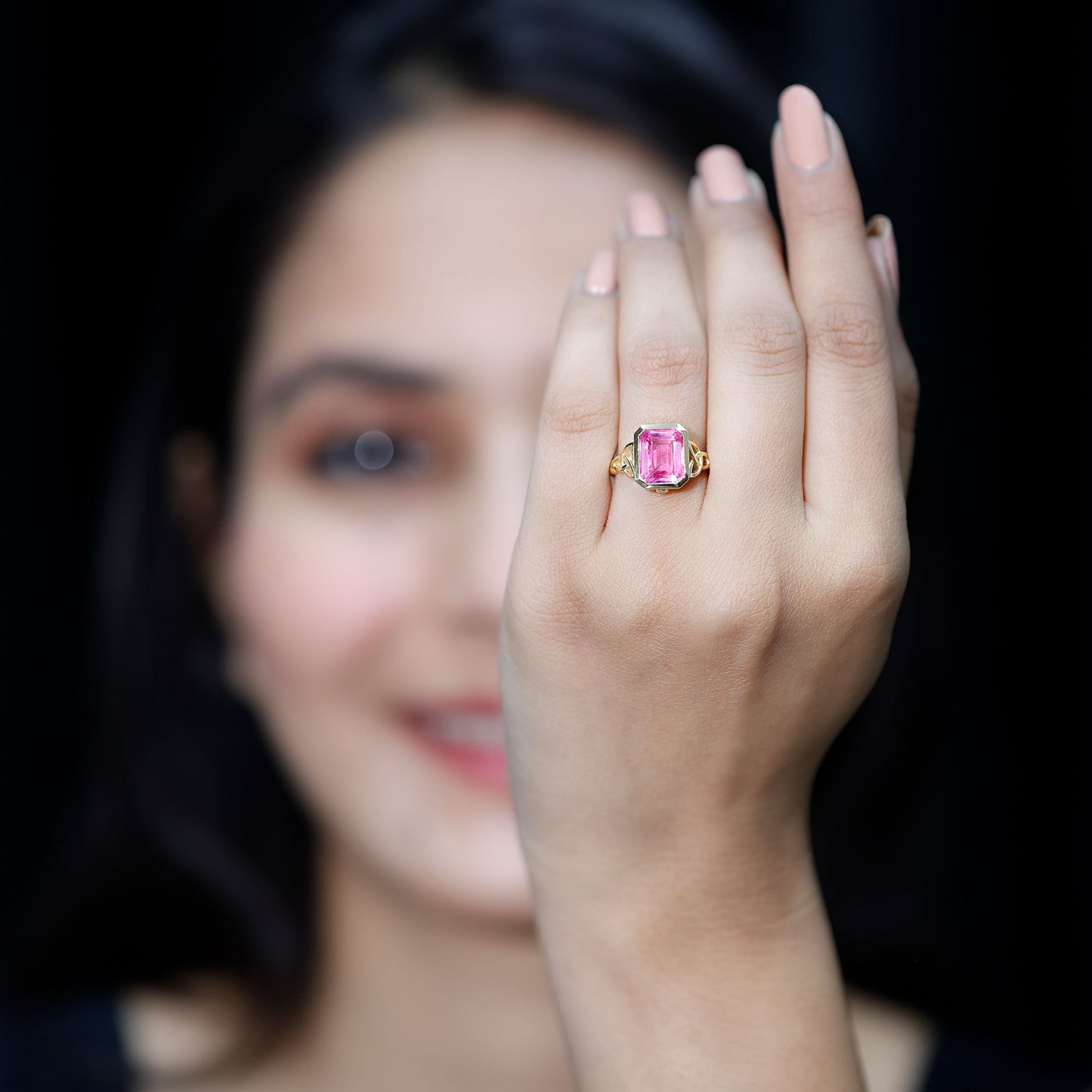 2.7 carat Emerald Cut Lab Created Pink Sapphire Celtic Engagement Ring