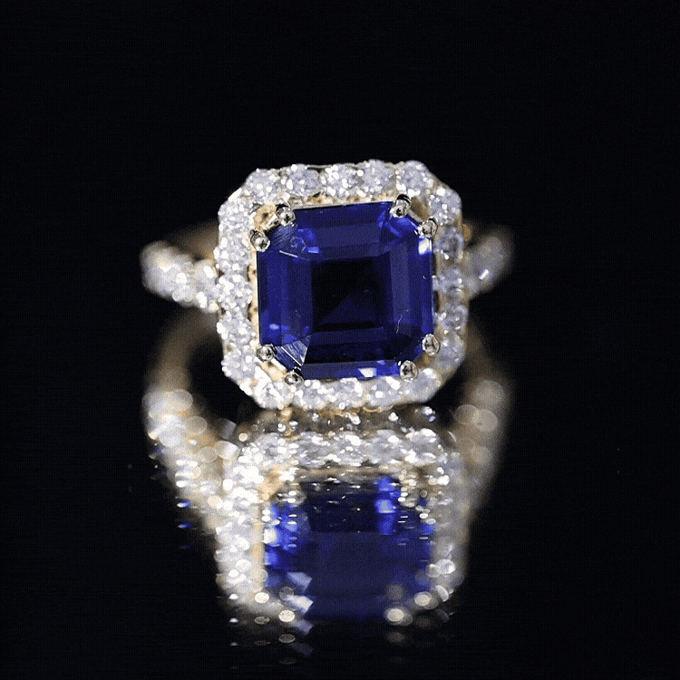 Certified 6.75 Carat Asscher Cut Lab Grown Blue Sapphire Engagement Ring with Diamond Halo