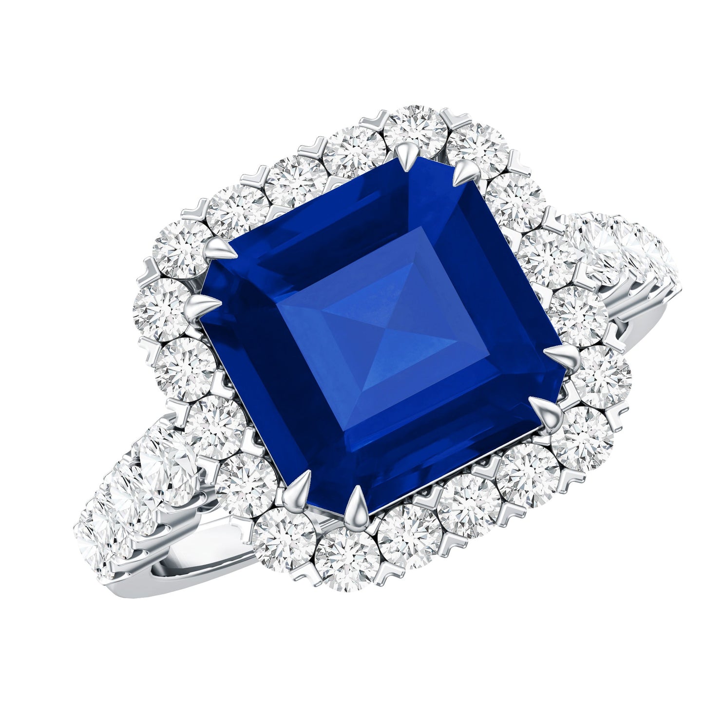 Certified 6.75 Carat Asscher Cut Lab Grown Blue Sapphire Engagement Ring with Diamond Halo