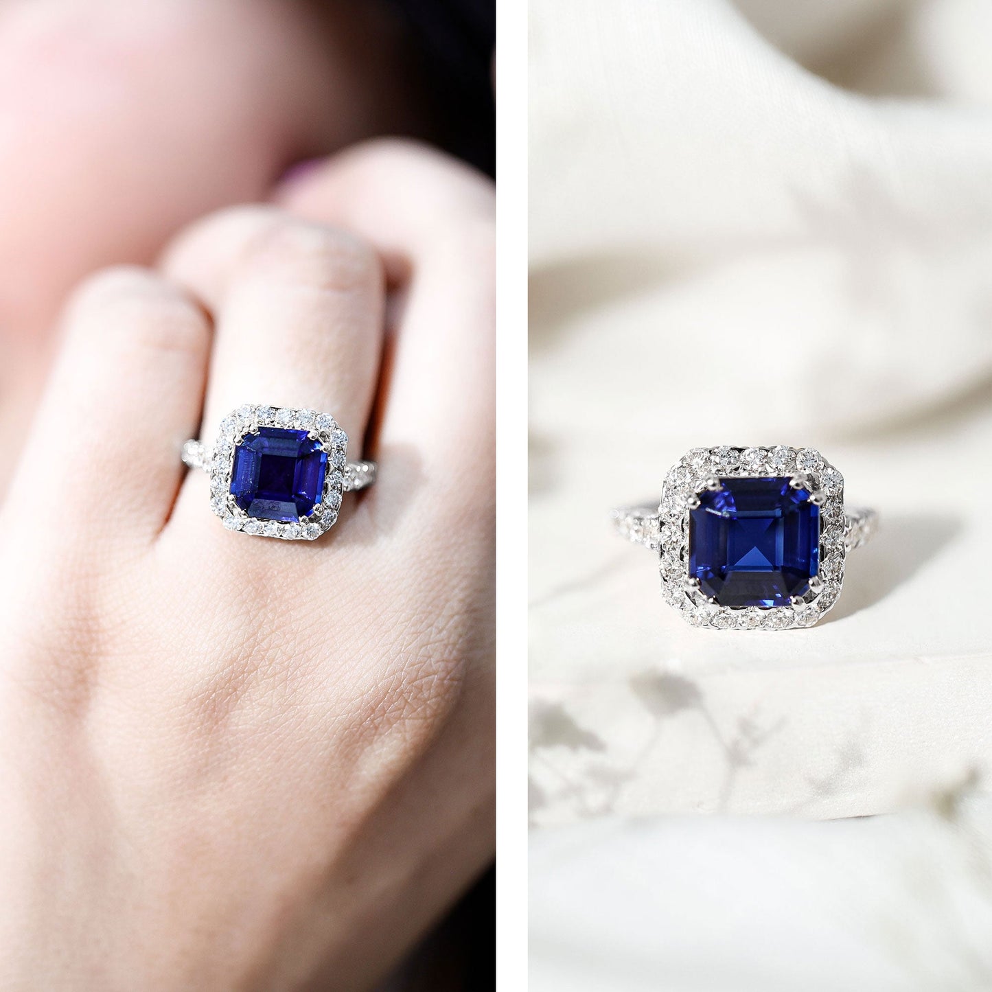 Certified 6.75 Carat Asscher Cut Lab Grown Blue Sapphire Engagement Ring with Diamond Halo