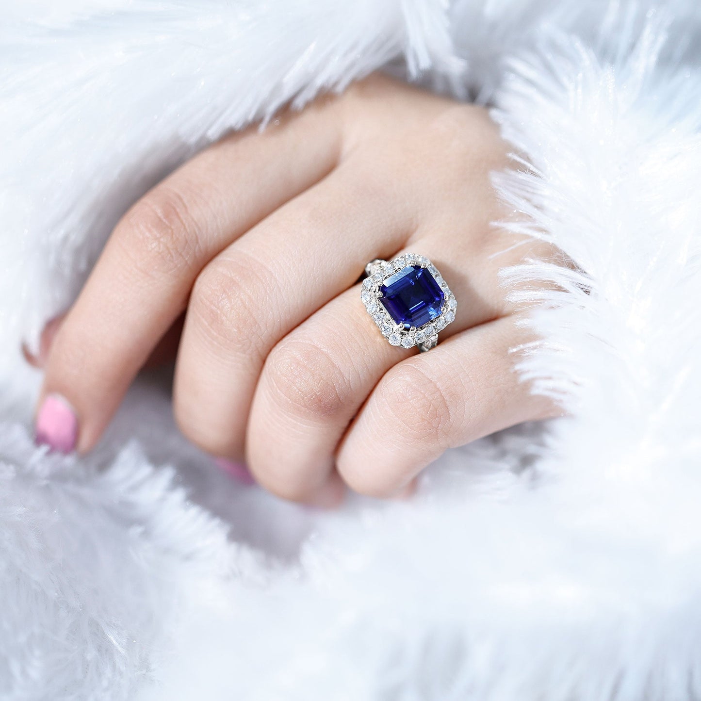 Certified 6.75 Carat Asscher Cut Lab Grown Blue Sapphire Engagement Ring with Diamond Halo