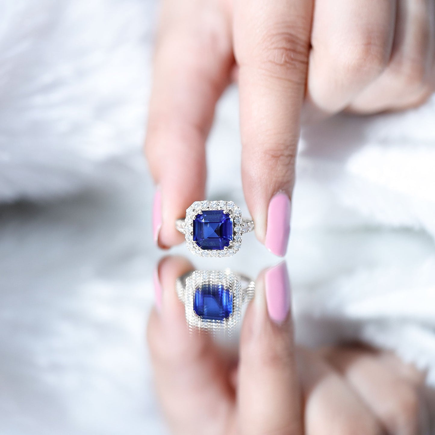 Certified 6.75 Carat Asscher Cut Lab Grown Blue Sapphire Engagement Ring with Diamond Halo