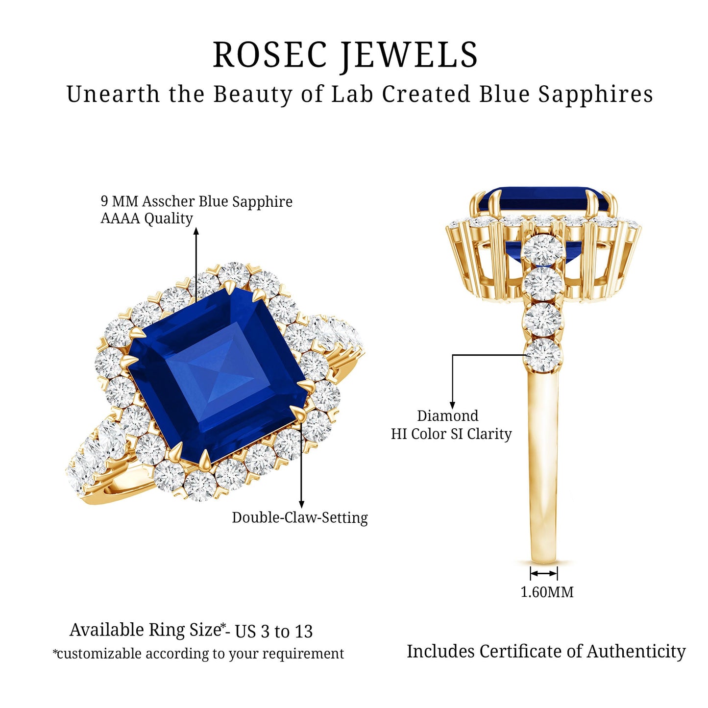 Certified 6.75 Carat Asscher Cut Lab Grown Blue Sapphire Engagement Ring with Diamond Halo