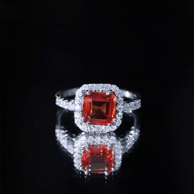 6.75 Carat Asscher Cut Lab Grown Orange Sapphire Engagement Ring with Halo