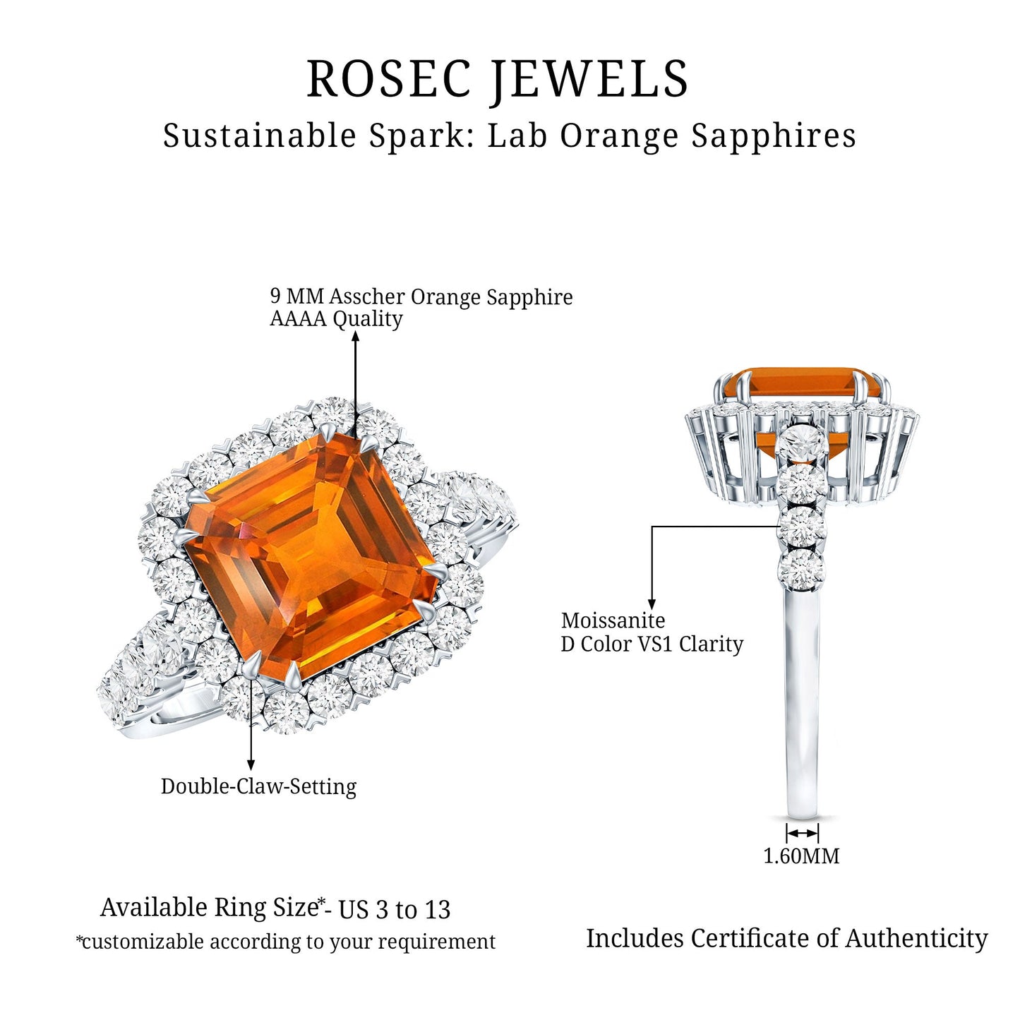 6.75 Carat Asscher Cut Lab Grown Orange Sapphire Engagement Ring with Halo