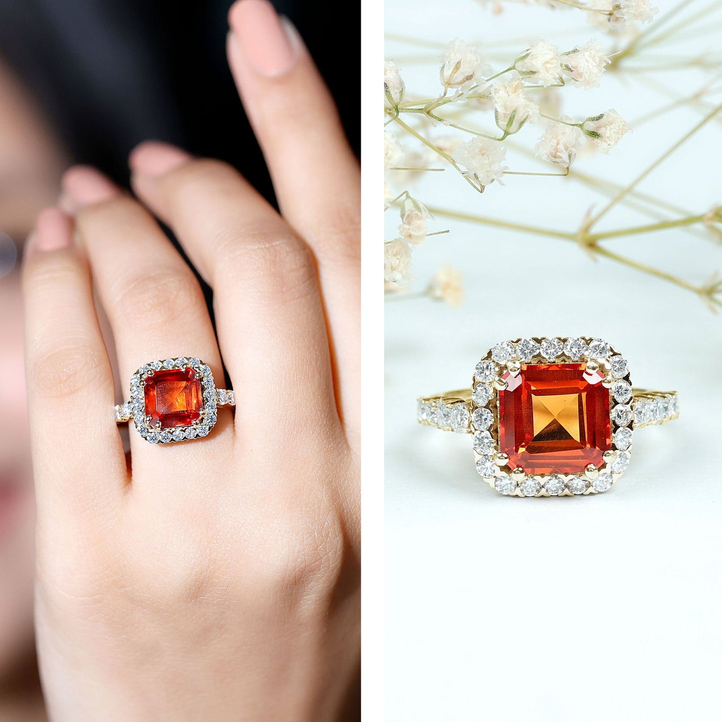 6.75 Carat Asscher Cut Lab Grown Orange Sapphire Engagement Ring with Halo