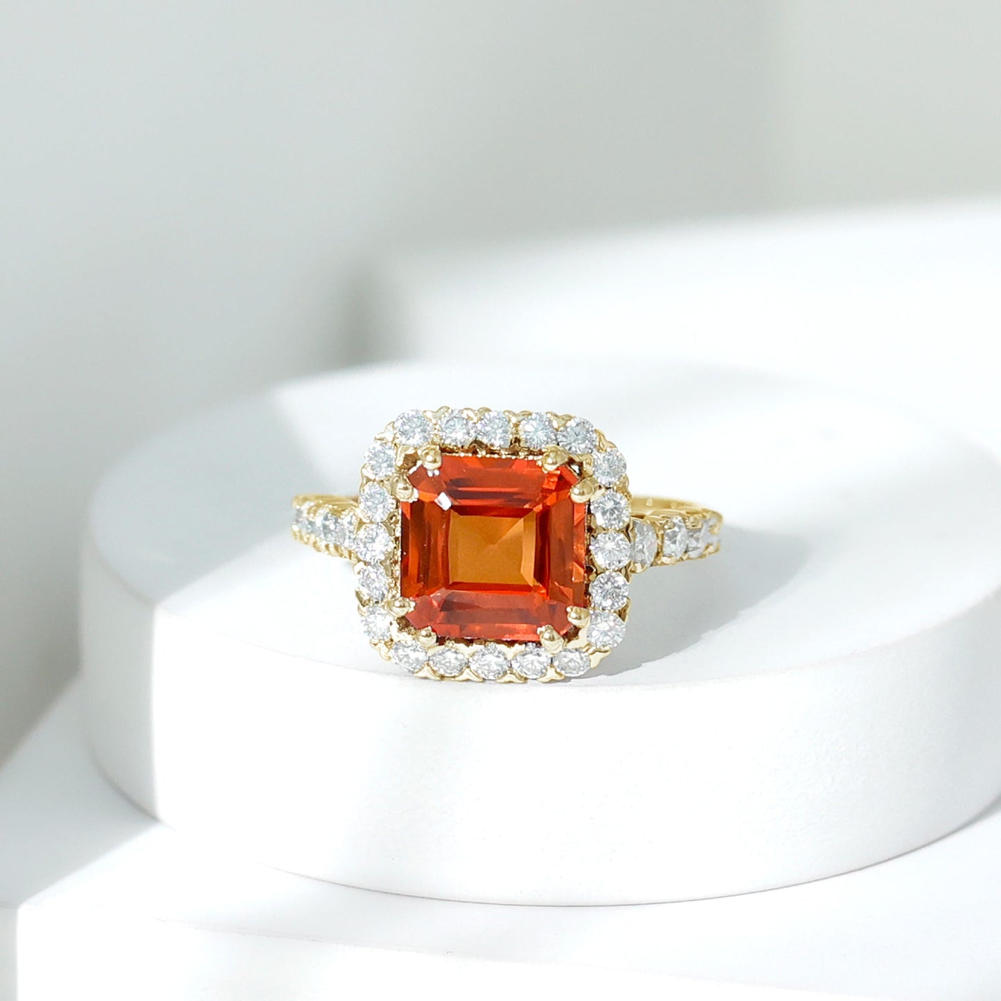 6.75 Carat Asscher Cut Lab Grown Orange Sapphire Engagement Ring with Halo