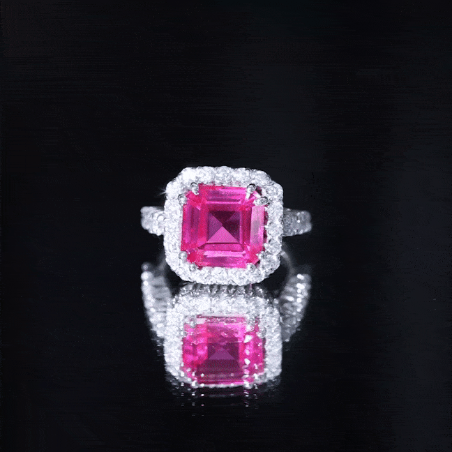 6.75 Carat Lab Grown Pink Sapphire Asscher Cut Engagement Ring with Moissanite Halo