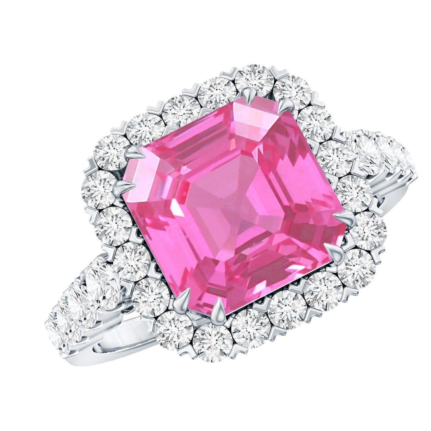 6.75 Carat Lab Grown Pink Sapphire Asscher Cut Engagement Ring with Moissanite Halo