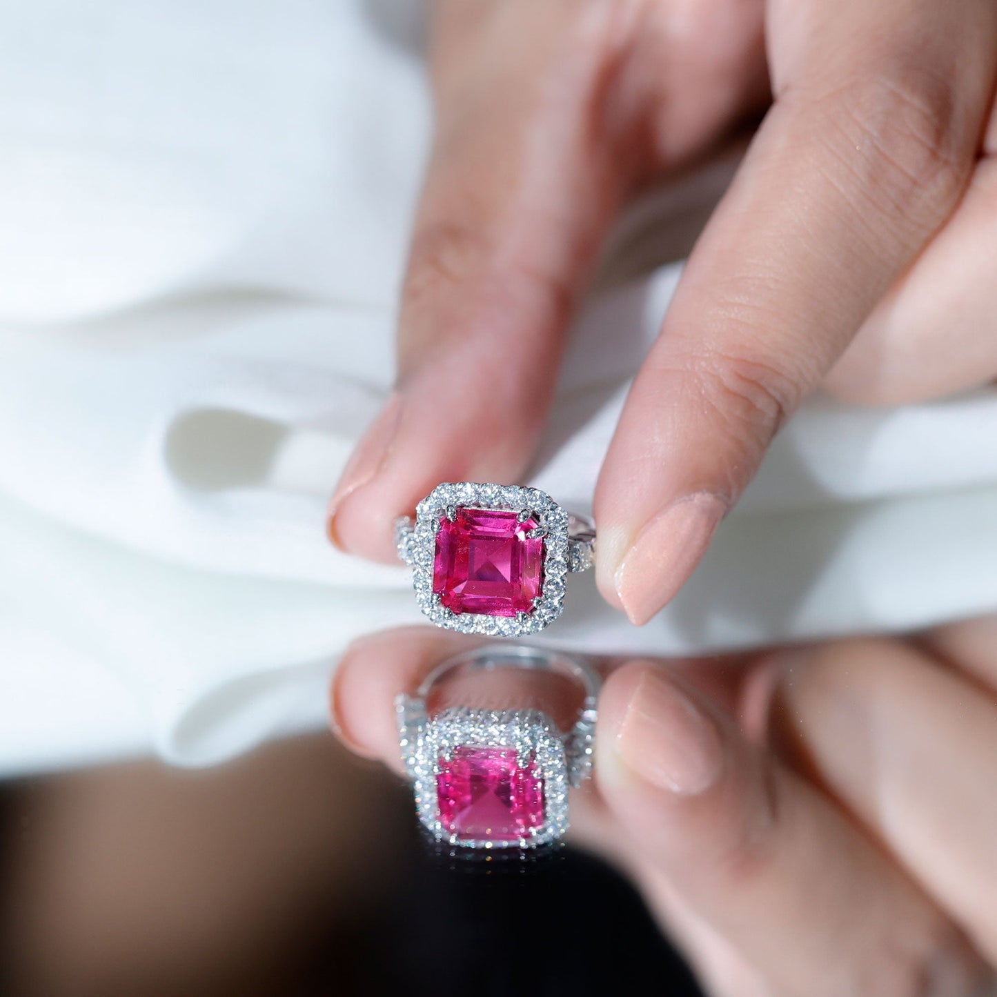 6.75 Carat Lab Grown Pink Sapphire Asscher Cut Engagement Ring with Moissanite Halo
