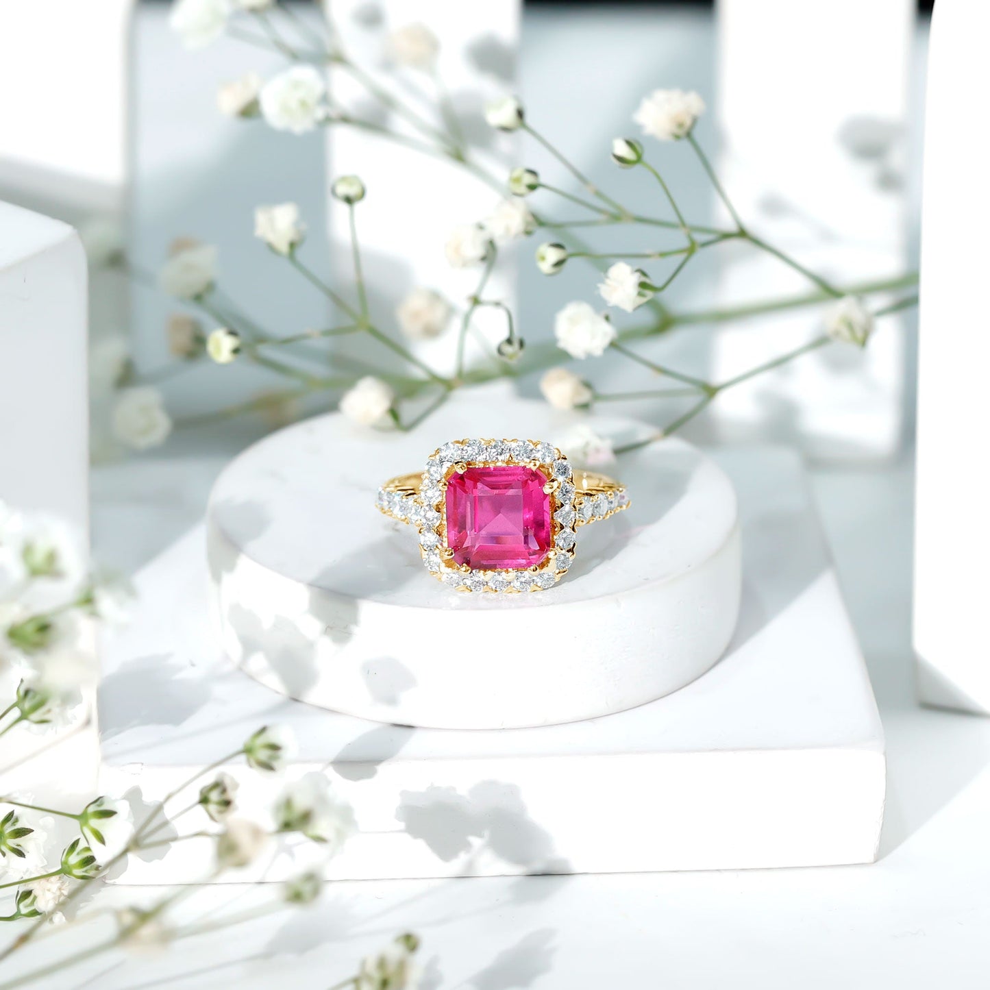 6.75 Carat Lab Grown Pink Sapphire Asscher Cut Engagement Ring with Moissanite Halo