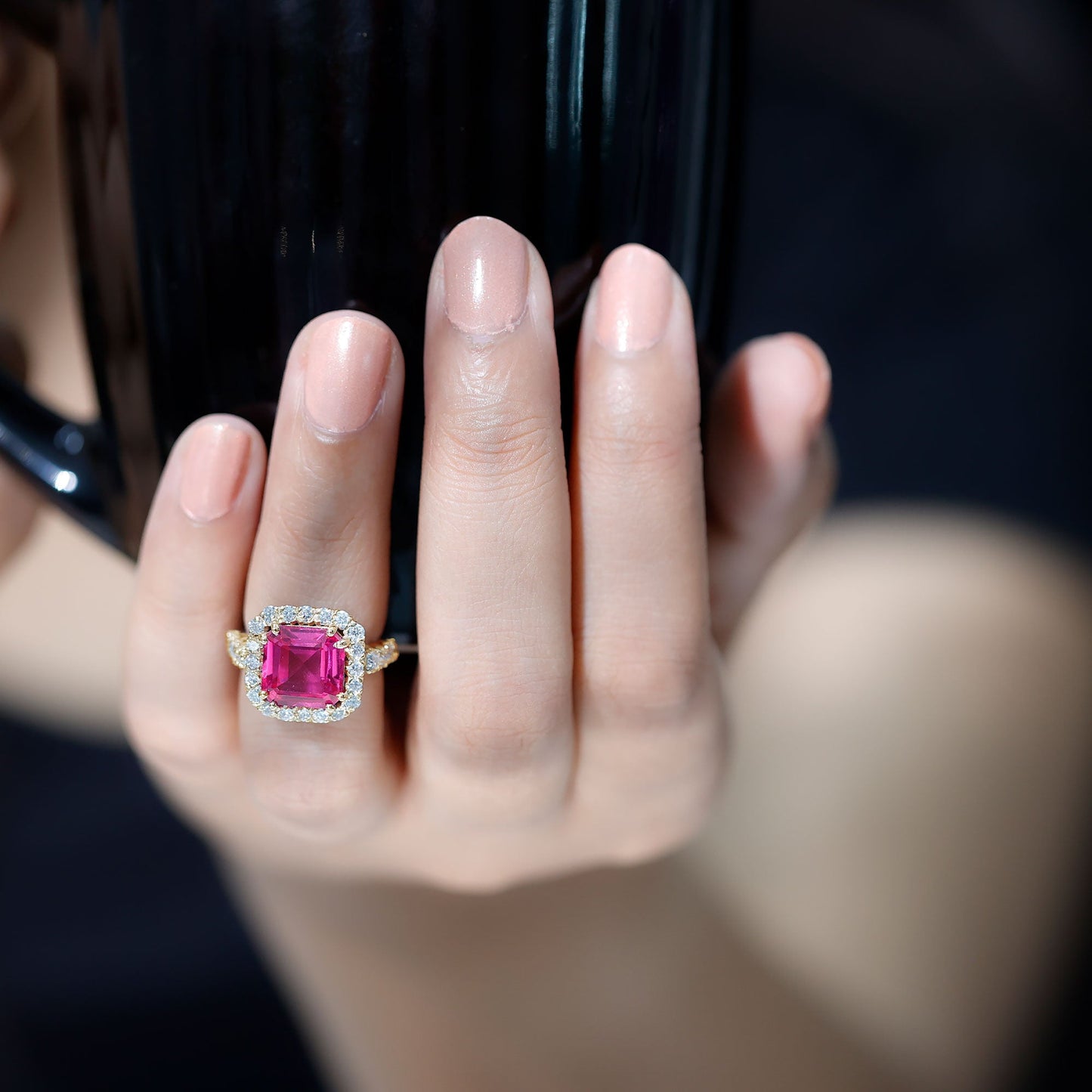 6.75 Carat Lab Grown Pink Sapphire Asscher Cut Engagement Ring with Moissanite Halo
