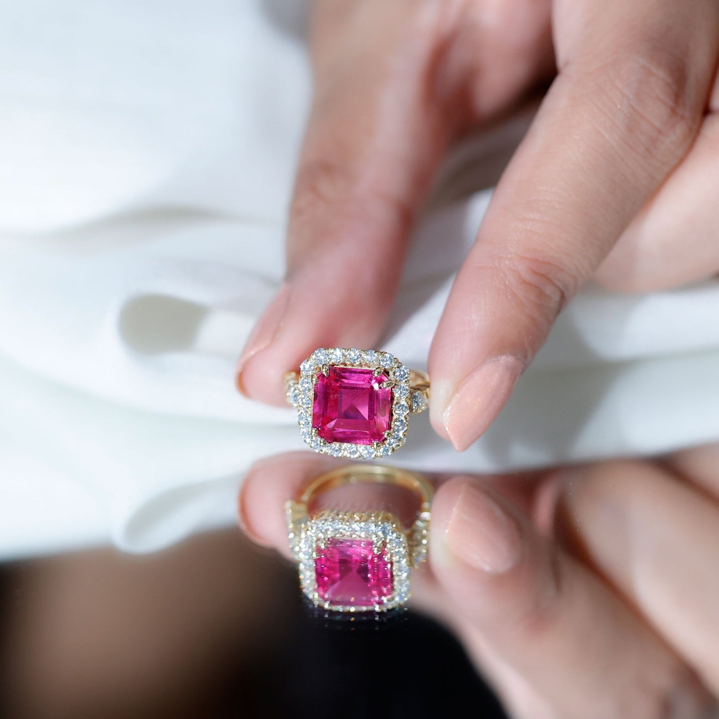 6.75 Carat Lab Grown Pink Sapphire Asscher Cut Engagement Ring with Moissanite Halo