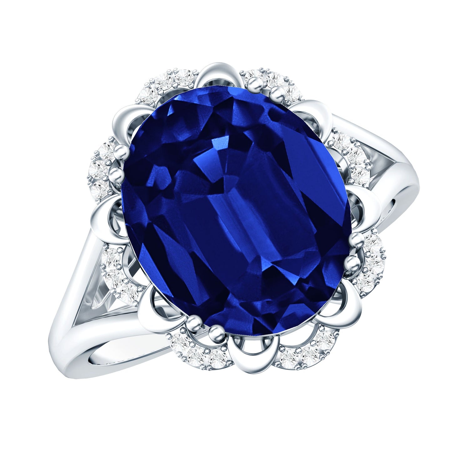 Certified 6 Carat Oval Lab Grown Blue Sapphire Retro Engagement Ring with Diamond