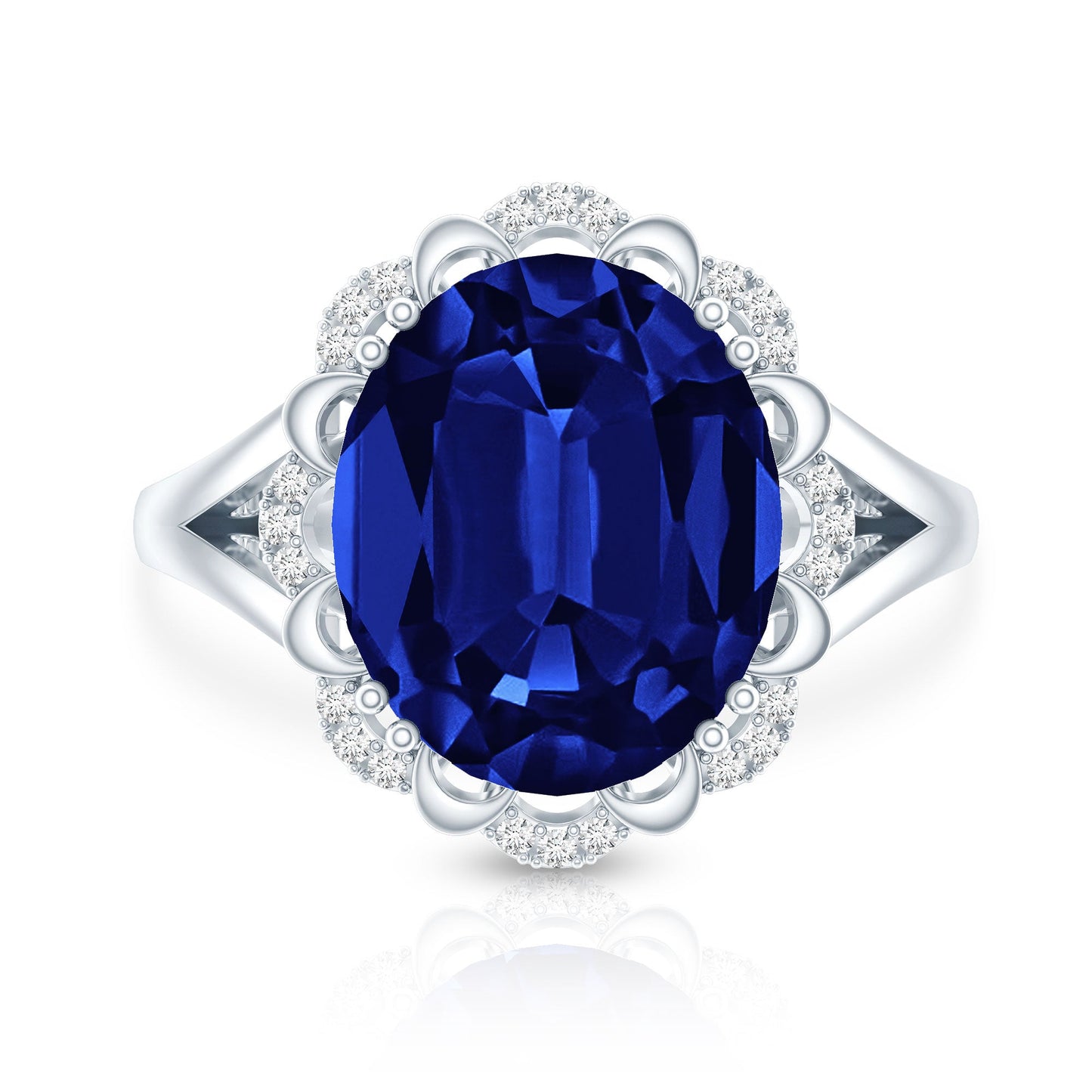 Certified 6 Carat Oval Lab Grown Blue Sapphire Retro Engagement Ring with Diamond