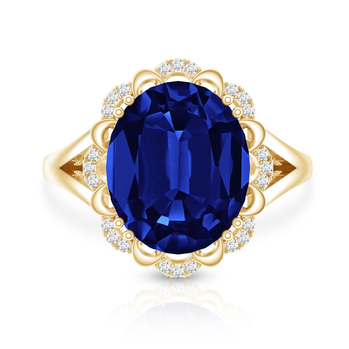 Certified 6 Carat Oval Lab Grown Blue Sapphire Retro Engagement Ring with Diamond