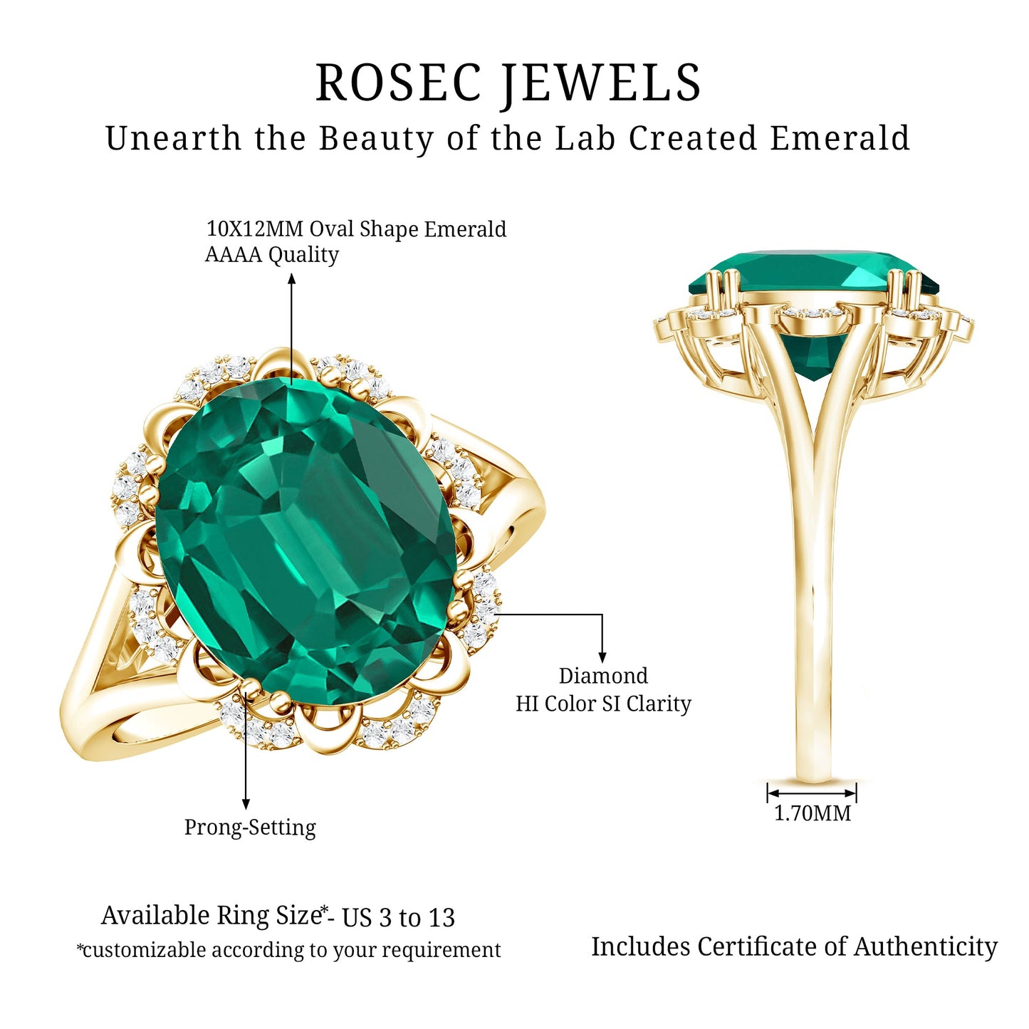 Vintage Looking 5 Carat Lab Created Emerald Engagement Ring with Diamond