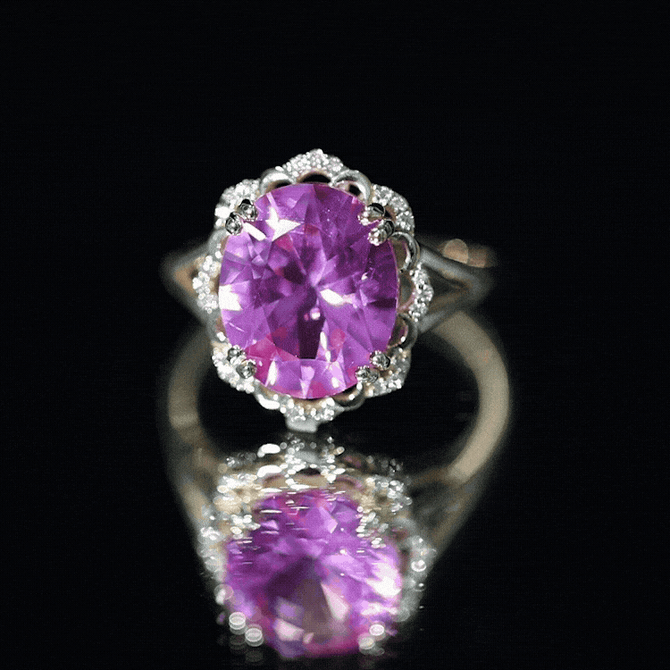 Oval Lab Created Pink Sapphire Huge Engagement Ring with Diamond