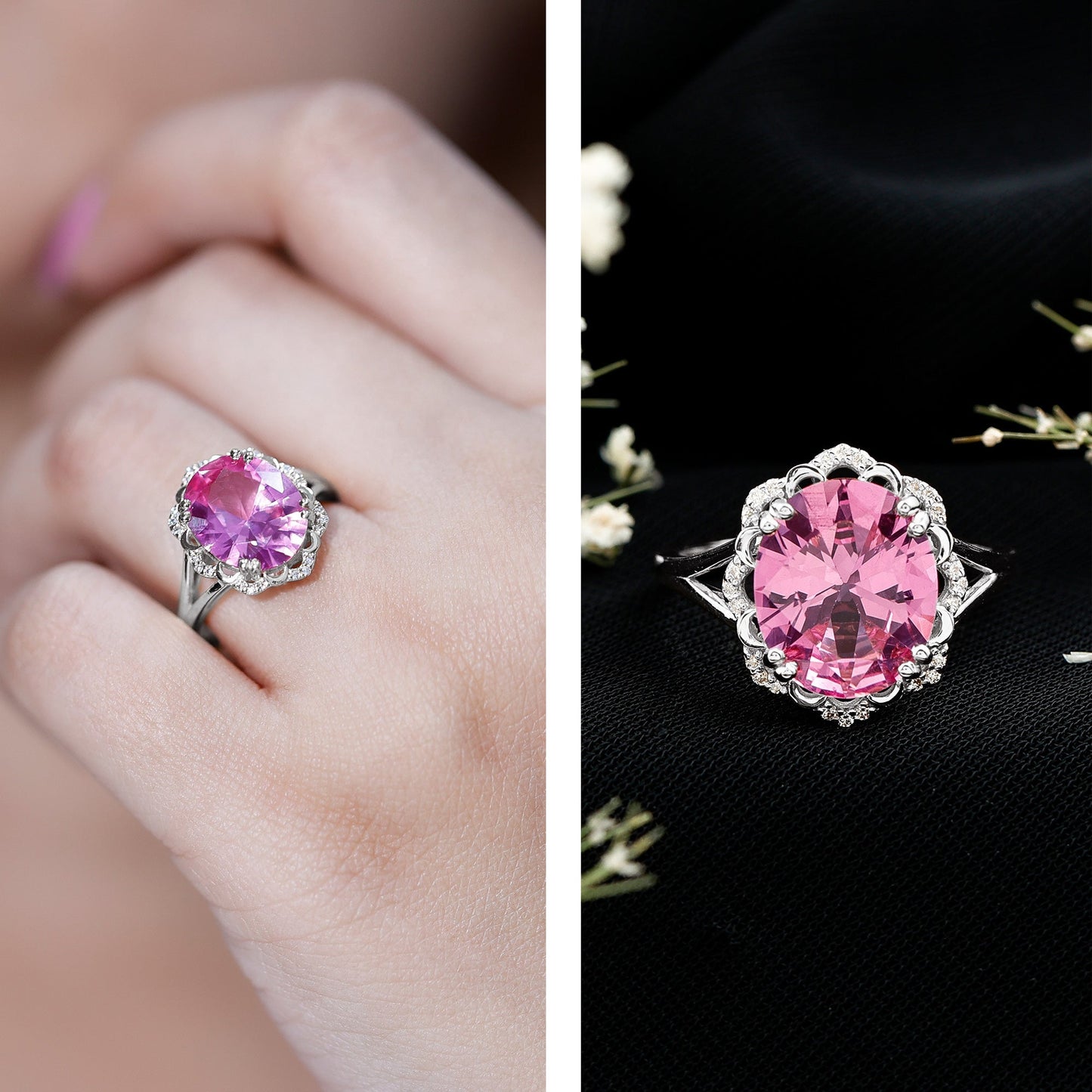 Oval Lab Created Pink Sapphire Huge Engagement Ring with Diamond