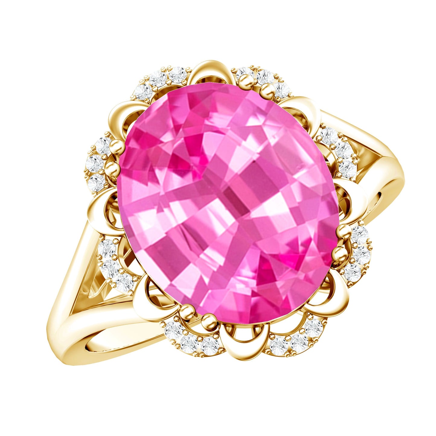 Oval Lab Created Pink Sapphire Huge Engagement Ring with Diamond