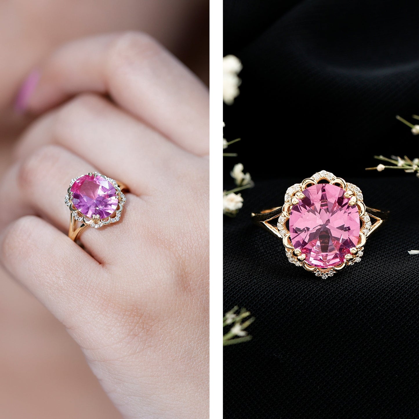 Oval Lab Created Pink Sapphire Huge Engagement Ring with Diamond
