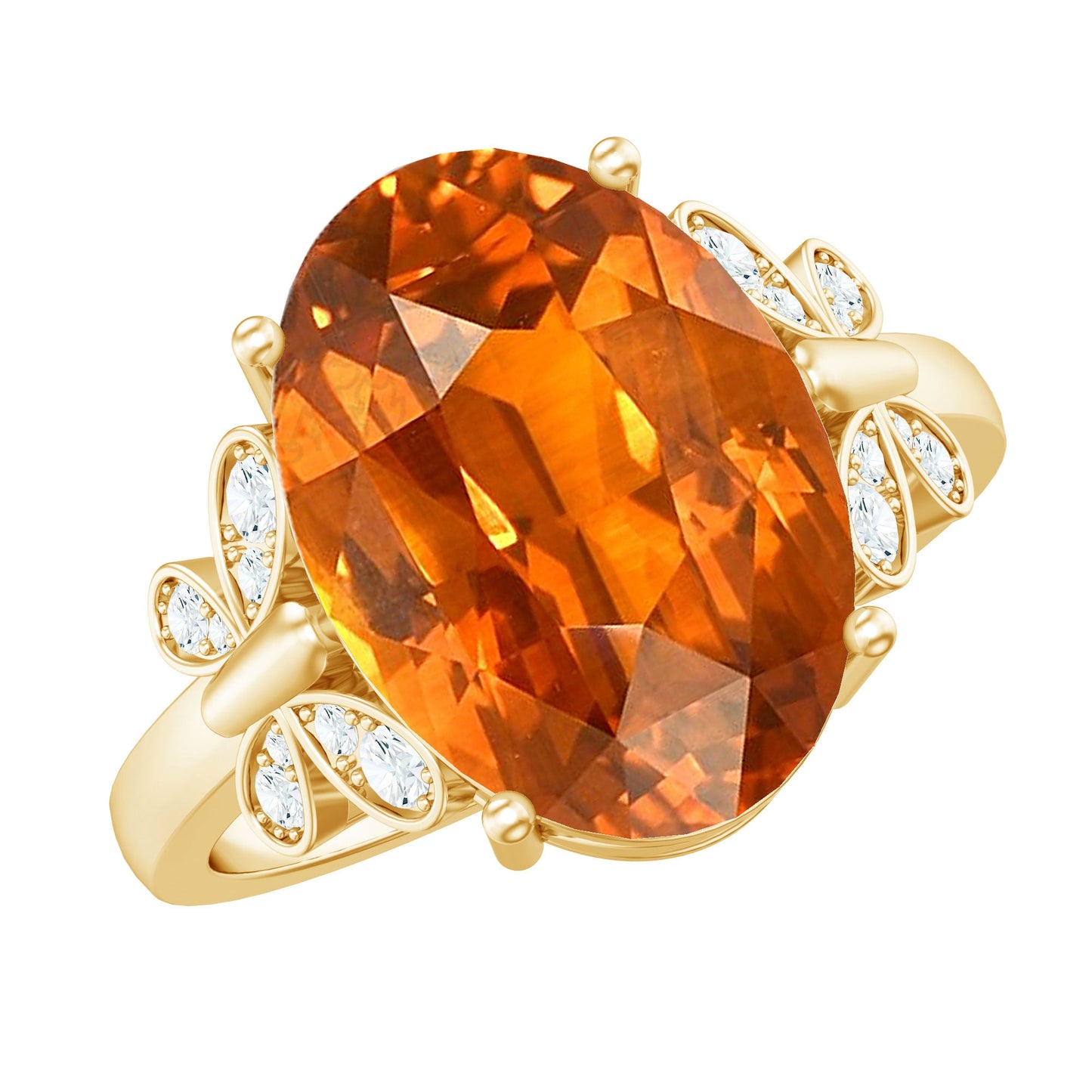 6 Carat Lab Grown Orange Sapphire Oval Engagement Ring with Diamond Butterfly