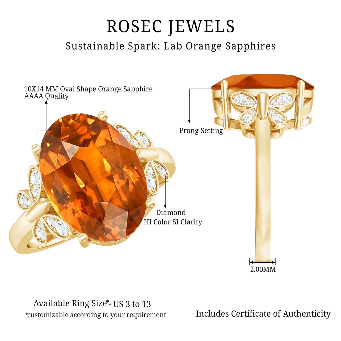 6 Carat Lab Grown Orange Sapphire Oval Engagement Ring with Diamond Butterfly