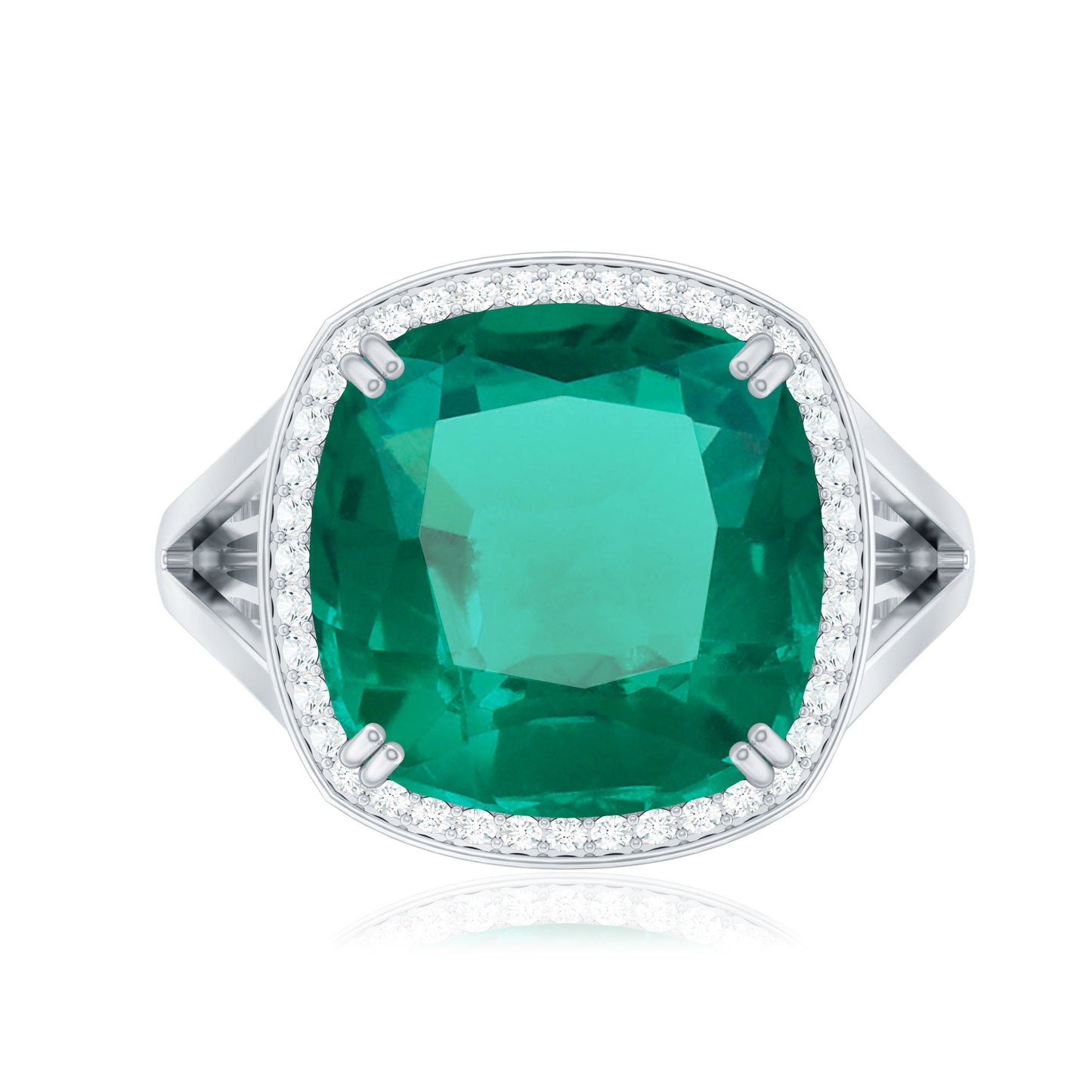 Certified 9 Carat Lab Grown Emerald Cushion Cut Engagement with Diamond Halo
