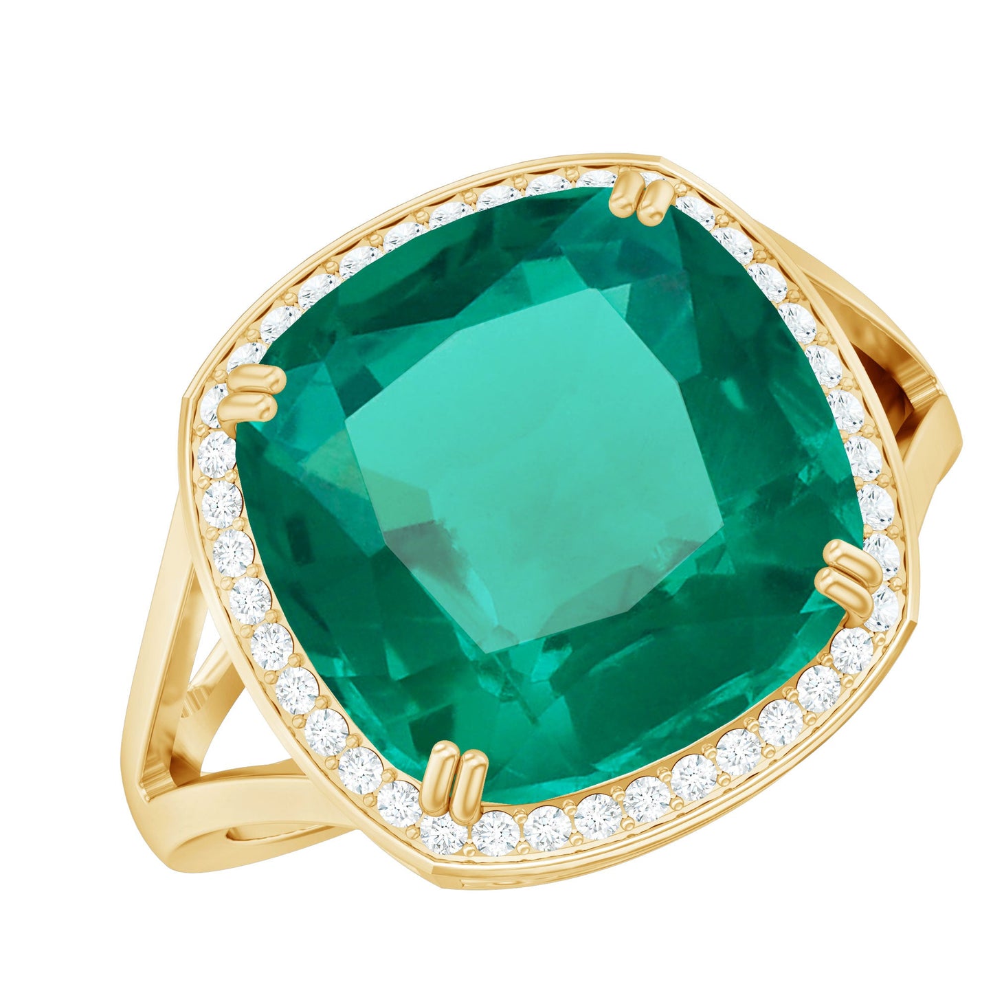 Certified 9 Carat Lab Grown Emerald Cushion Cut Engagement with Diamond Halo