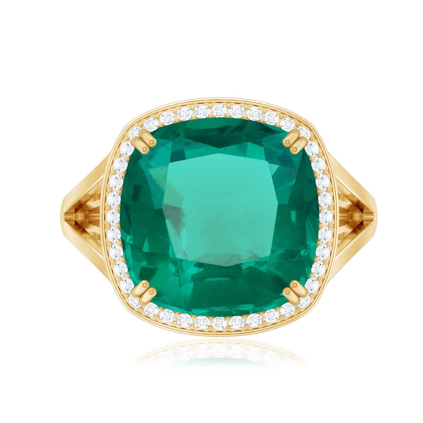 Certified 9 Carat Lab Grown Emerald Cushion Cut Engagement with Diamond Halo