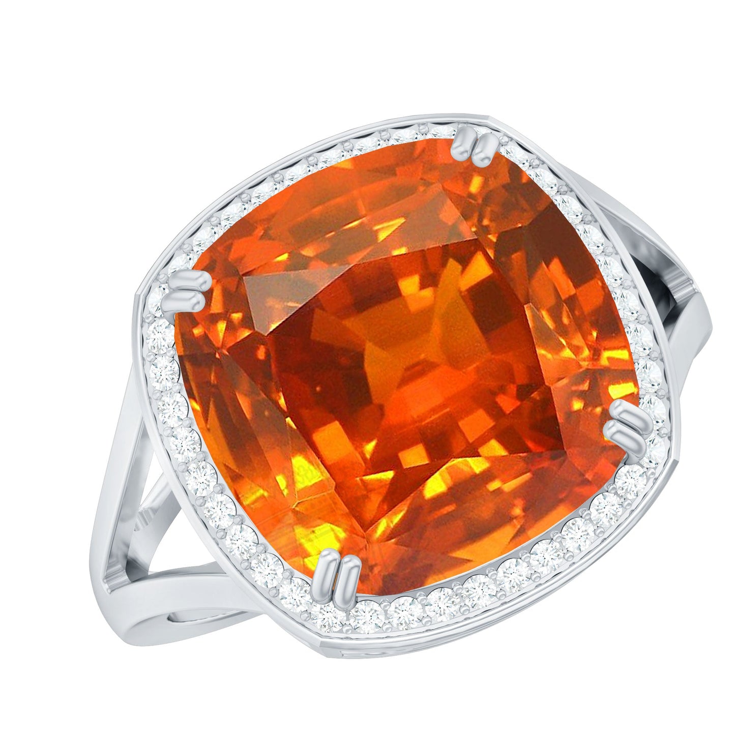 9 Carat Lab Grown Orange Sapphire Cushion Cut Engagement Ring with Diamond Halo