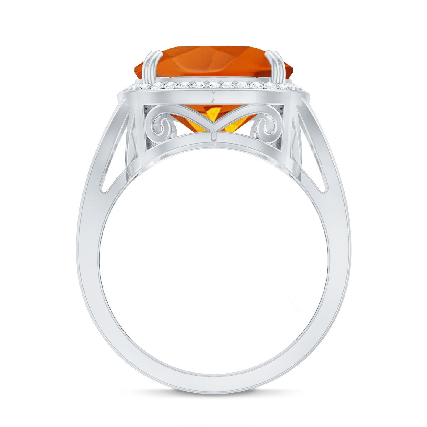 9 Carat Lab Grown Orange Sapphire Cushion Cut Engagement Ring with Diamond Halo