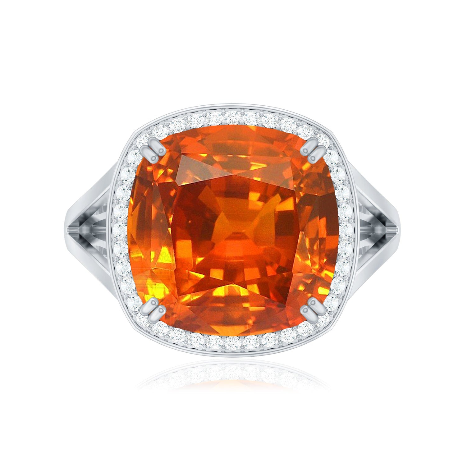 9 Carat Lab Grown Orange Sapphire Cushion Cut Engagement Ring with Diamond Halo