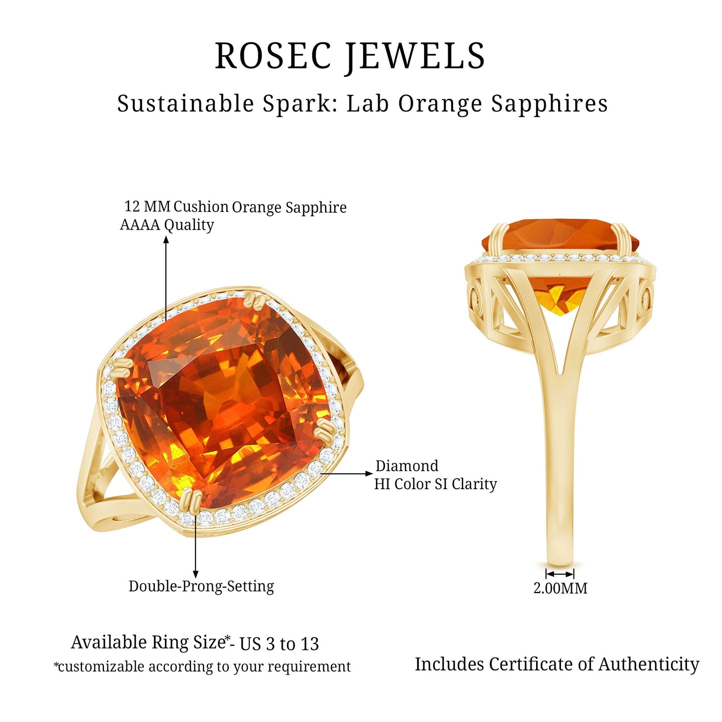 9 Carat Lab Grown Orange Sapphire Cushion Cut Engagement Ring with Diamond Halo