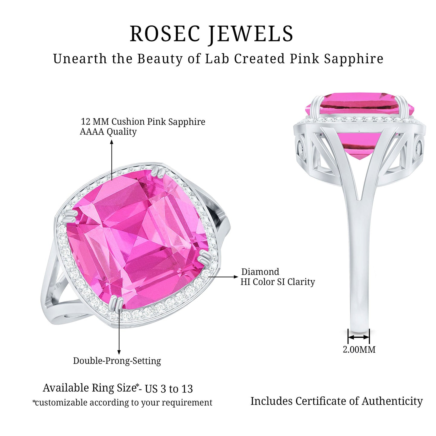 6 Carat Cushion Cut Lab Created Pink Sapphire Huge Engagement Ring