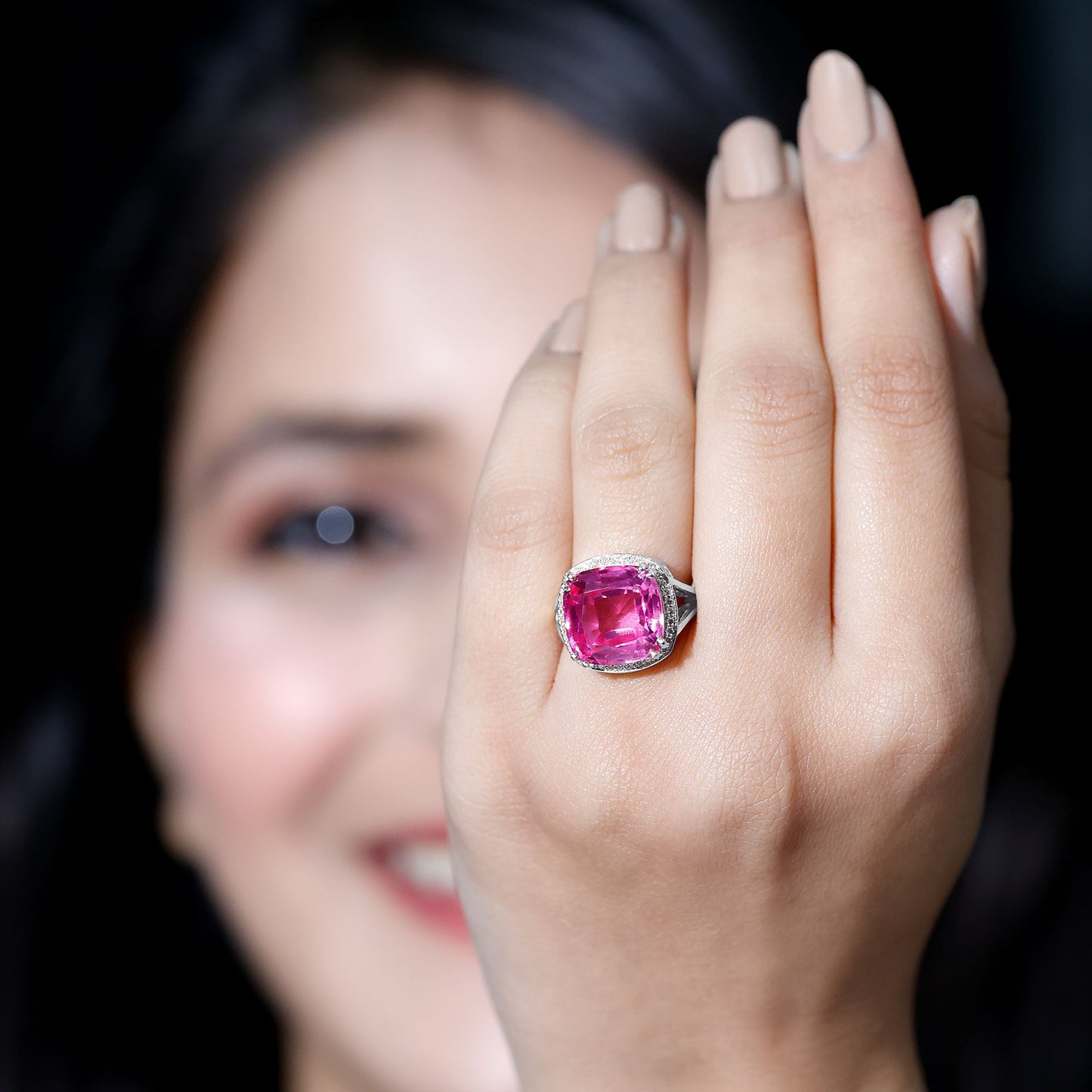 6 Carat Cushion Cut Lab Created Pink Sapphire Huge Engagement Ring