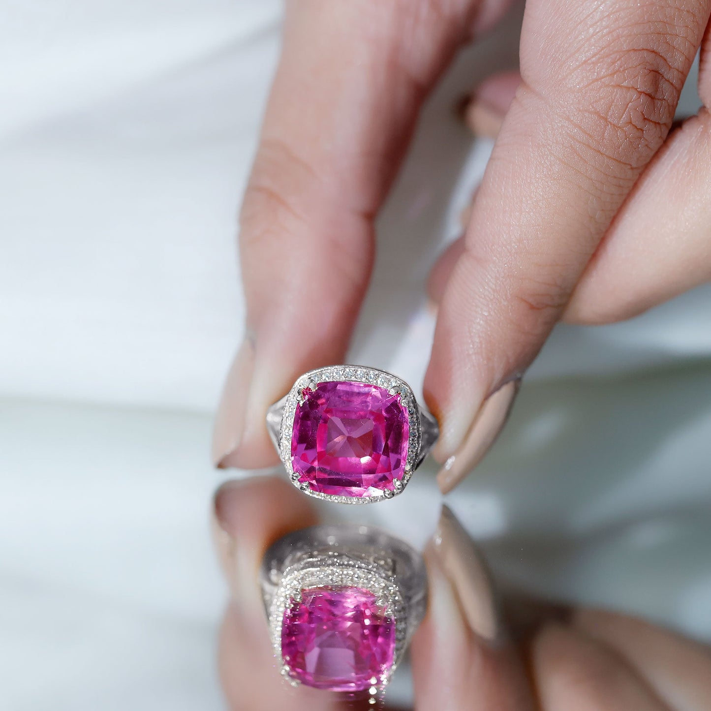 6 Carat Cushion Cut Lab Created Pink Sapphire Huge Engagement Ring