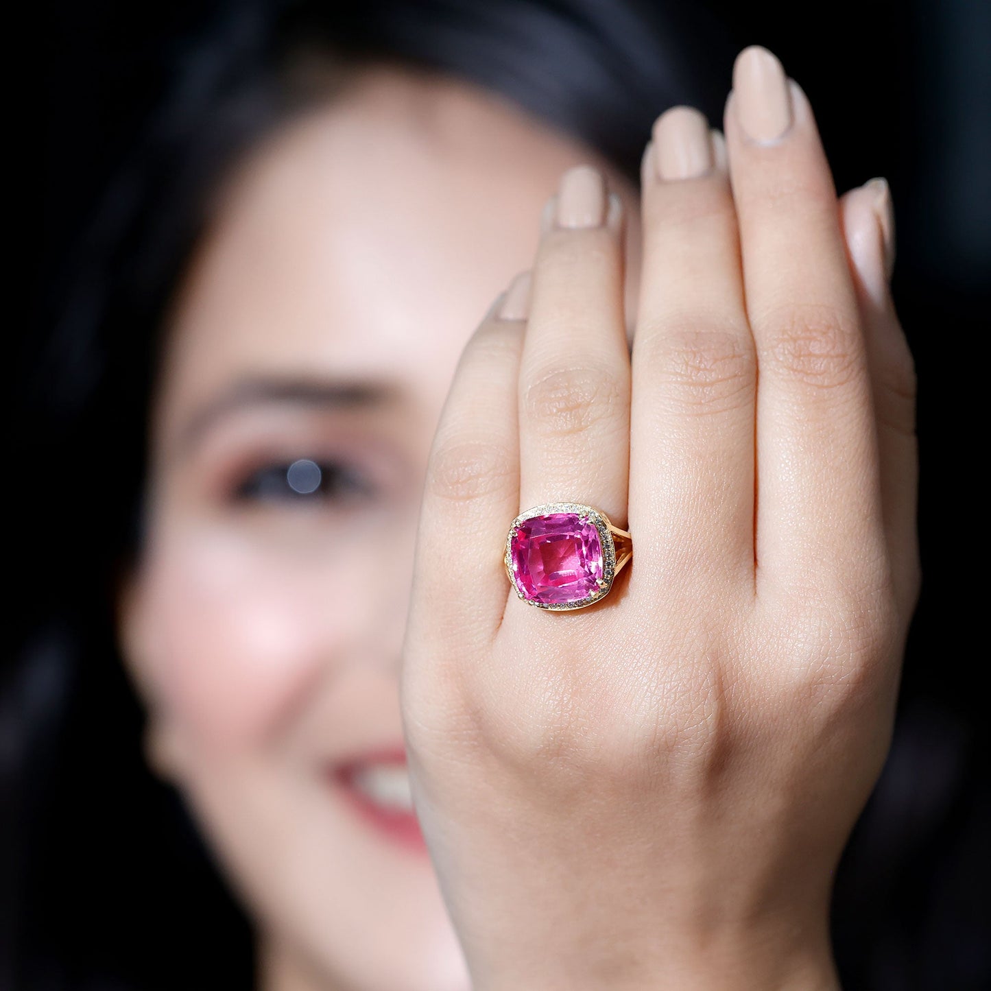 6 Carat Cushion Cut Lab Created Pink Sapphire Huge Engagement Ring