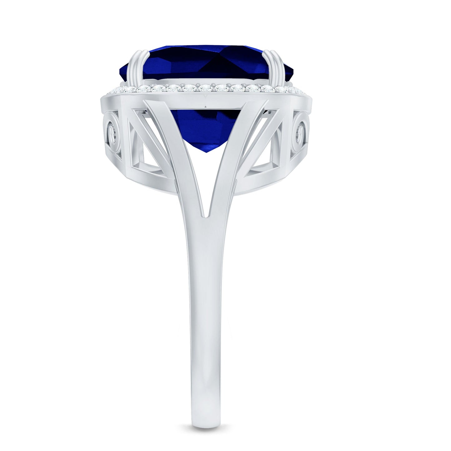 Cushion Cut Lab Grown Blue Sapphire Engagement Ring with Diamond