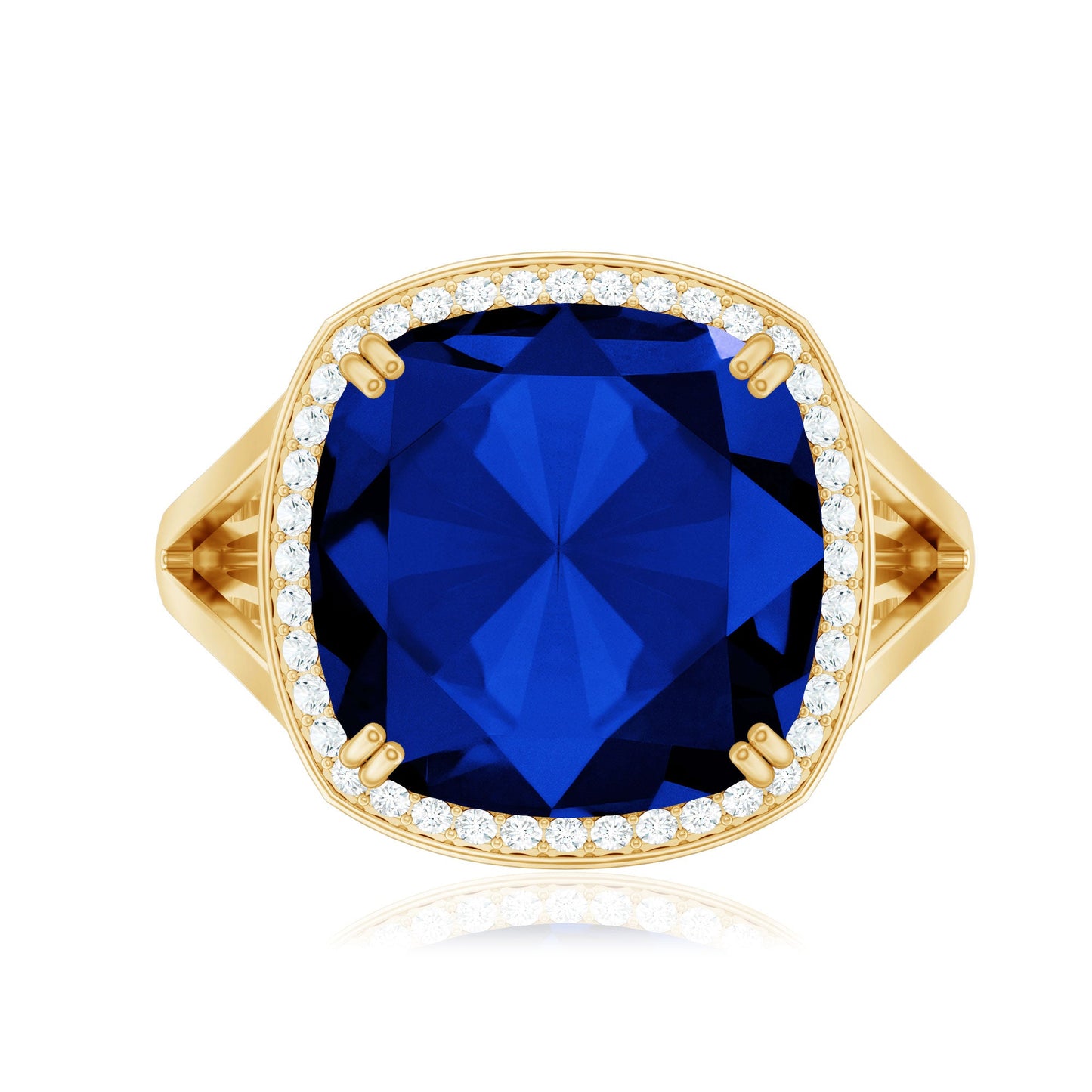 Cushion Cut Lab Grown Blue Sapphire Engagement Ring with Diamond